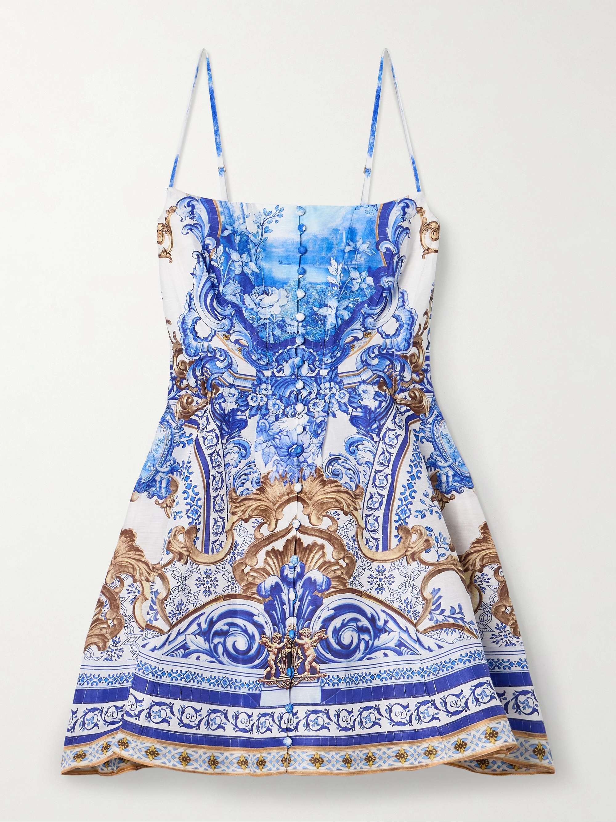 Pleated printed linen and silk-blend mini dress view