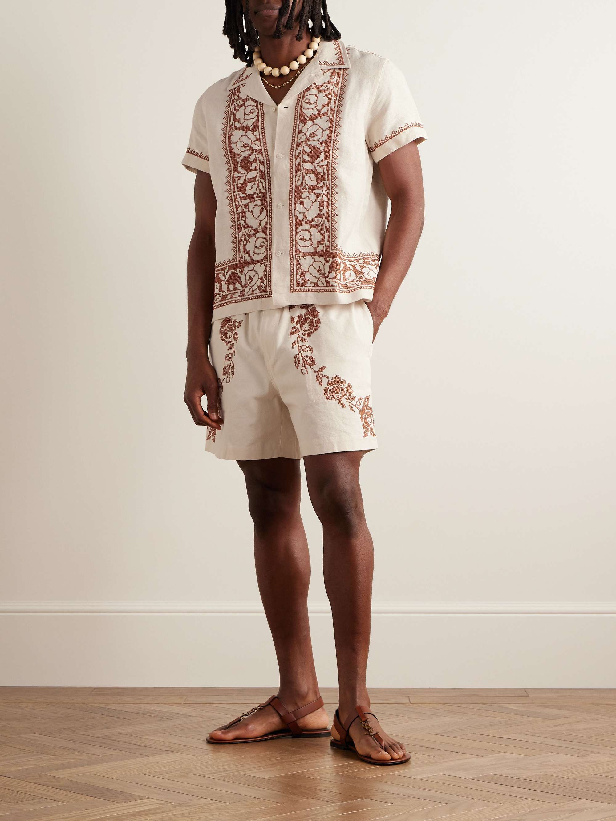 Rose Garland Camp-Collar Cross-Stitched Linen Shirt view