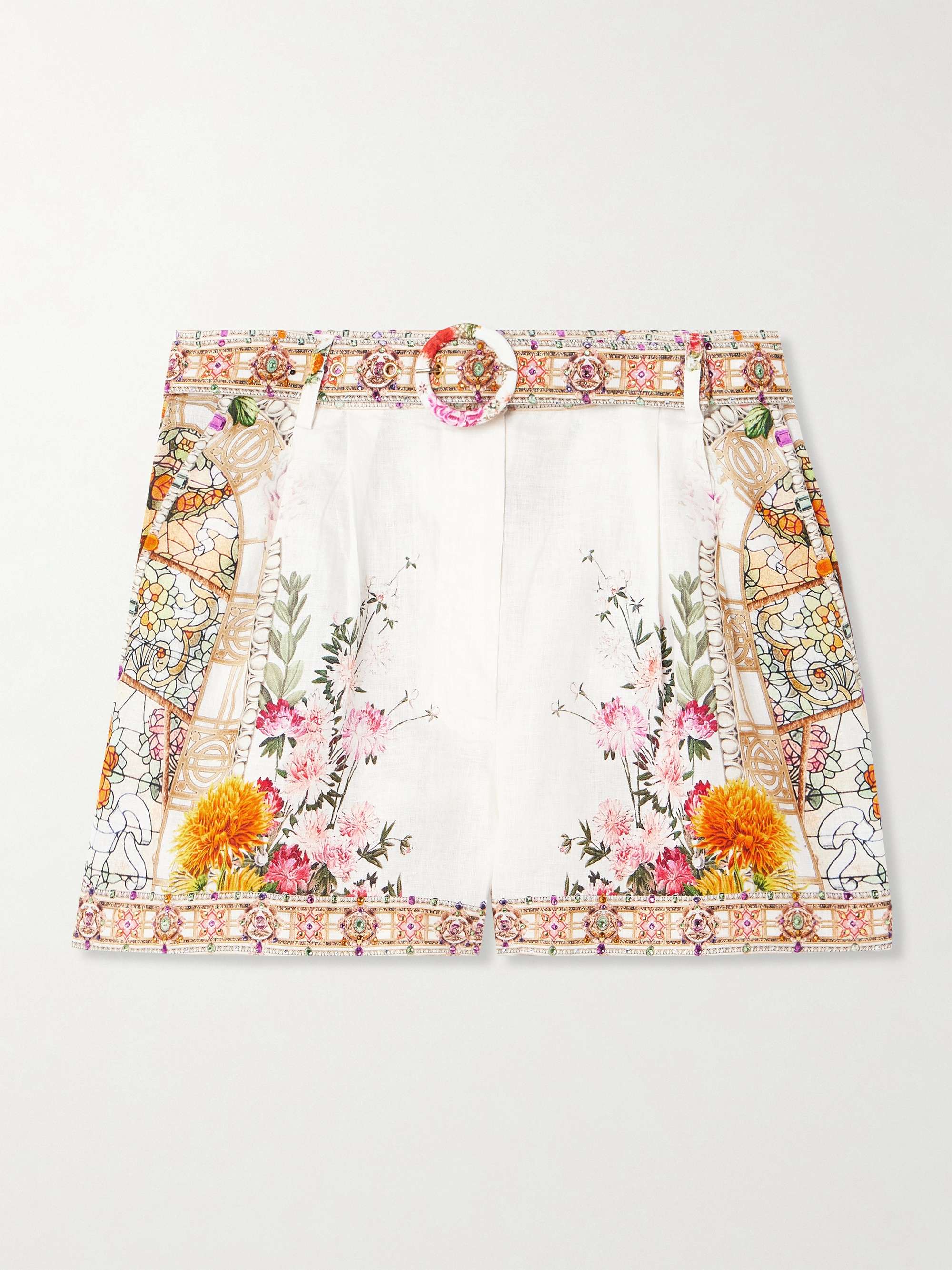 Belted crystal-embellished floral-print linen shorts view