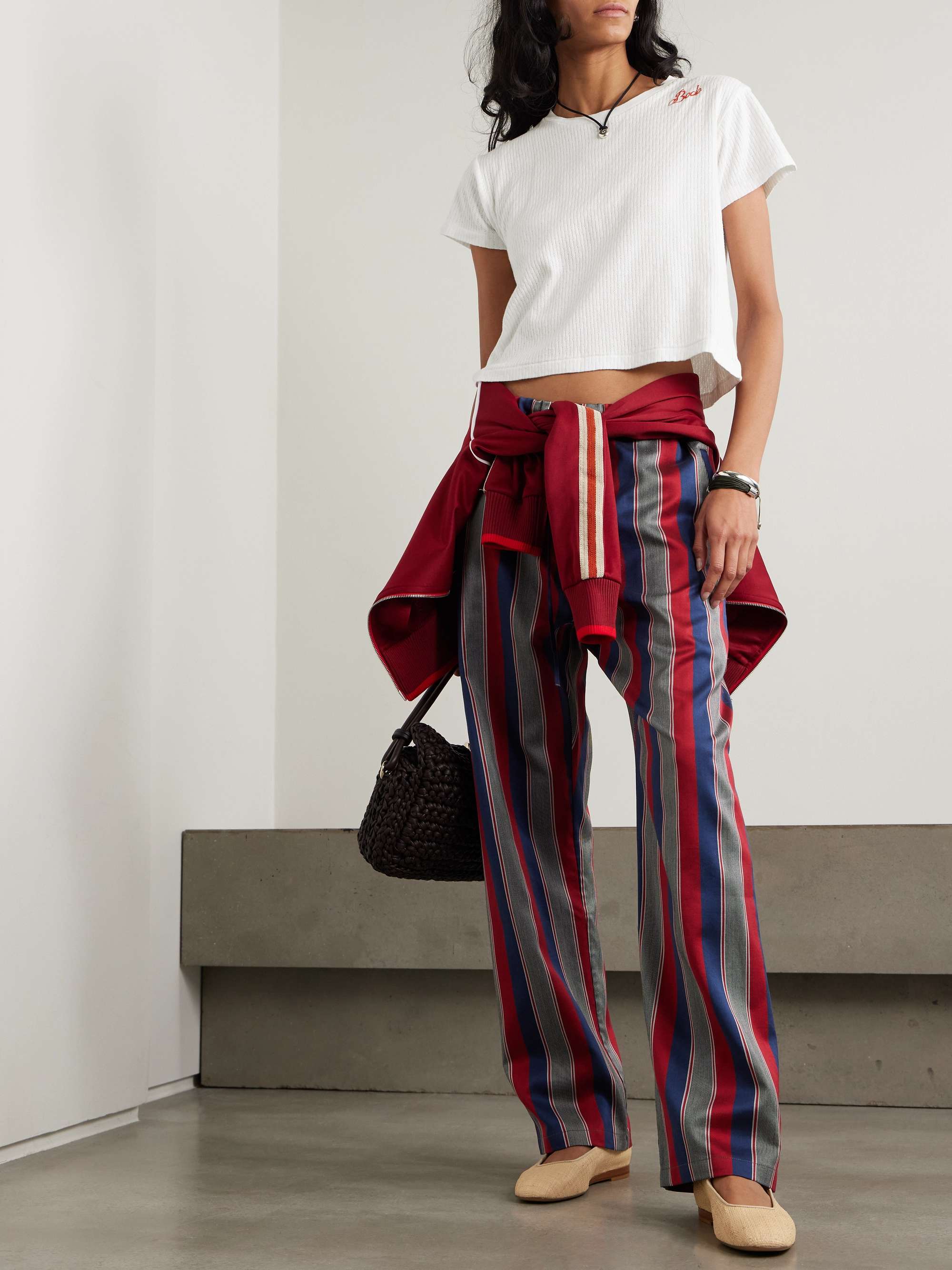 Embroidered cropped pointelle-knit cotton top view