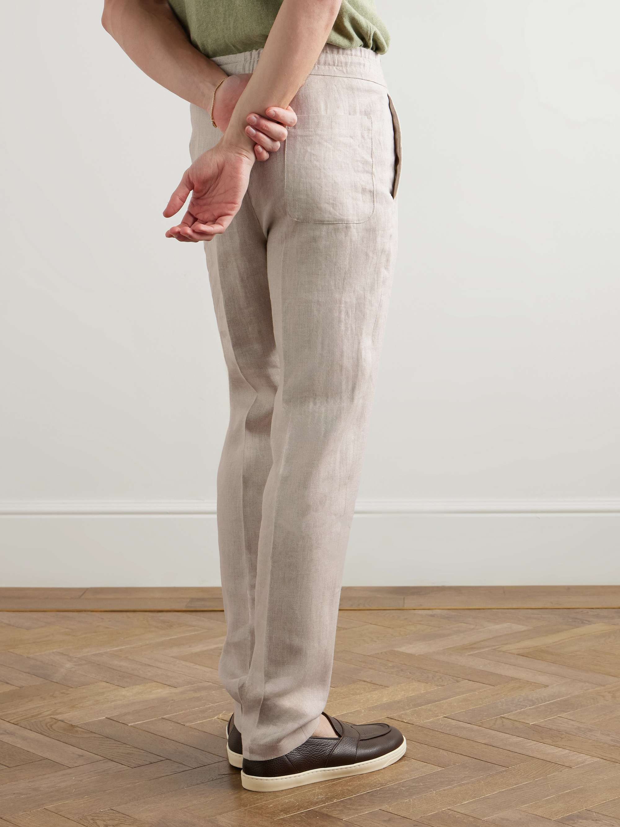 Straight-Leg Herringbone Linen Drawstring Trousers view