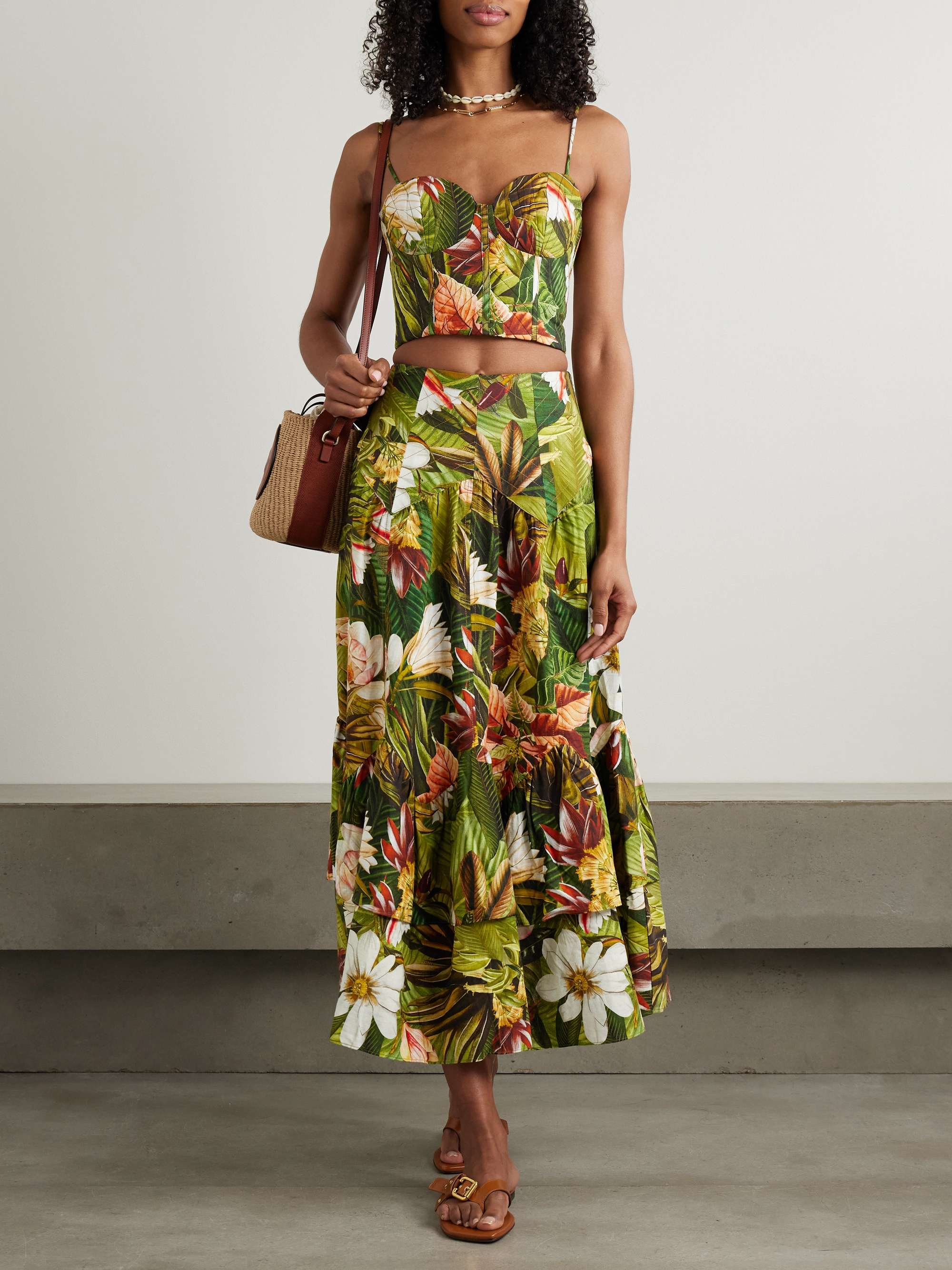 Botanical Forest asymmetric tiered linen-blend midi skirt view