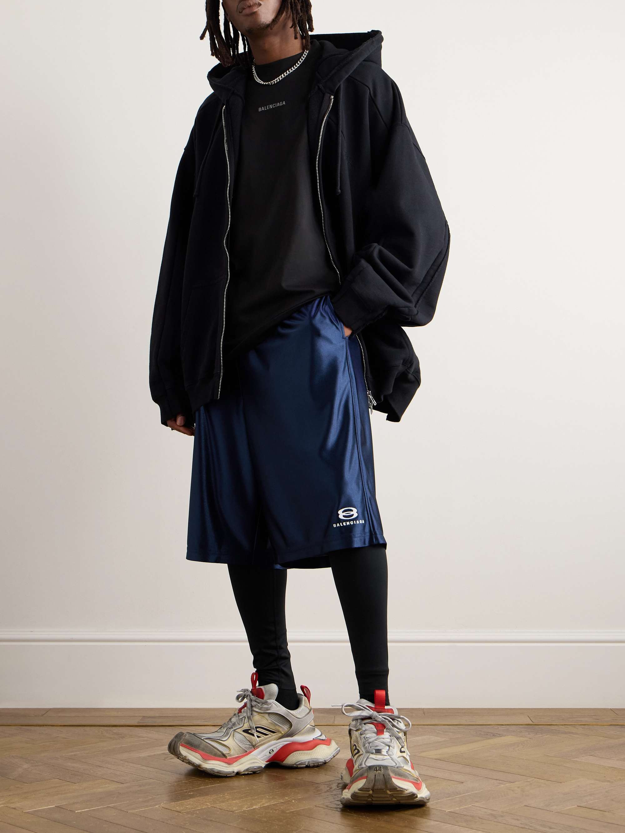 Wide-Leg Logo-Embroidered Satin-Twill Shorts view