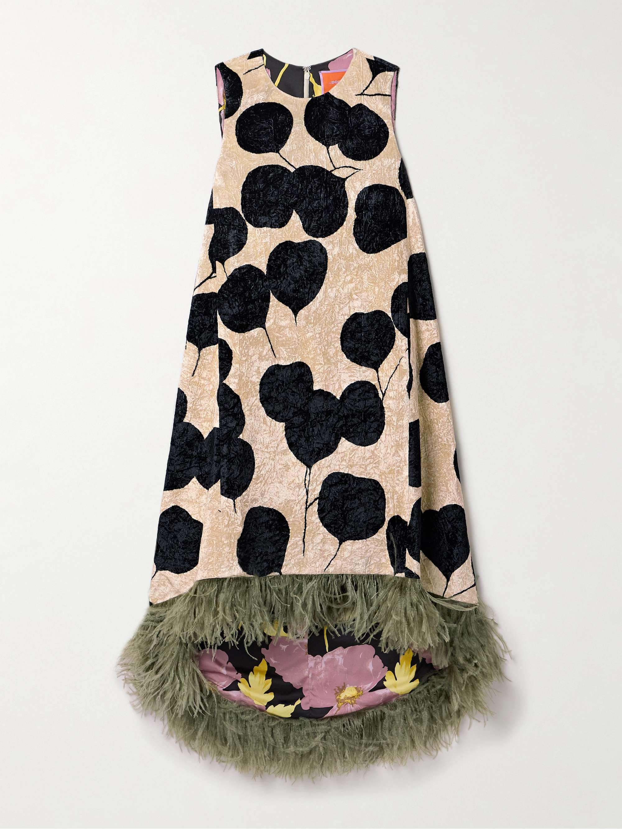La Scala asymmetric feather-trimmed floral-print crushed-velvet dress view