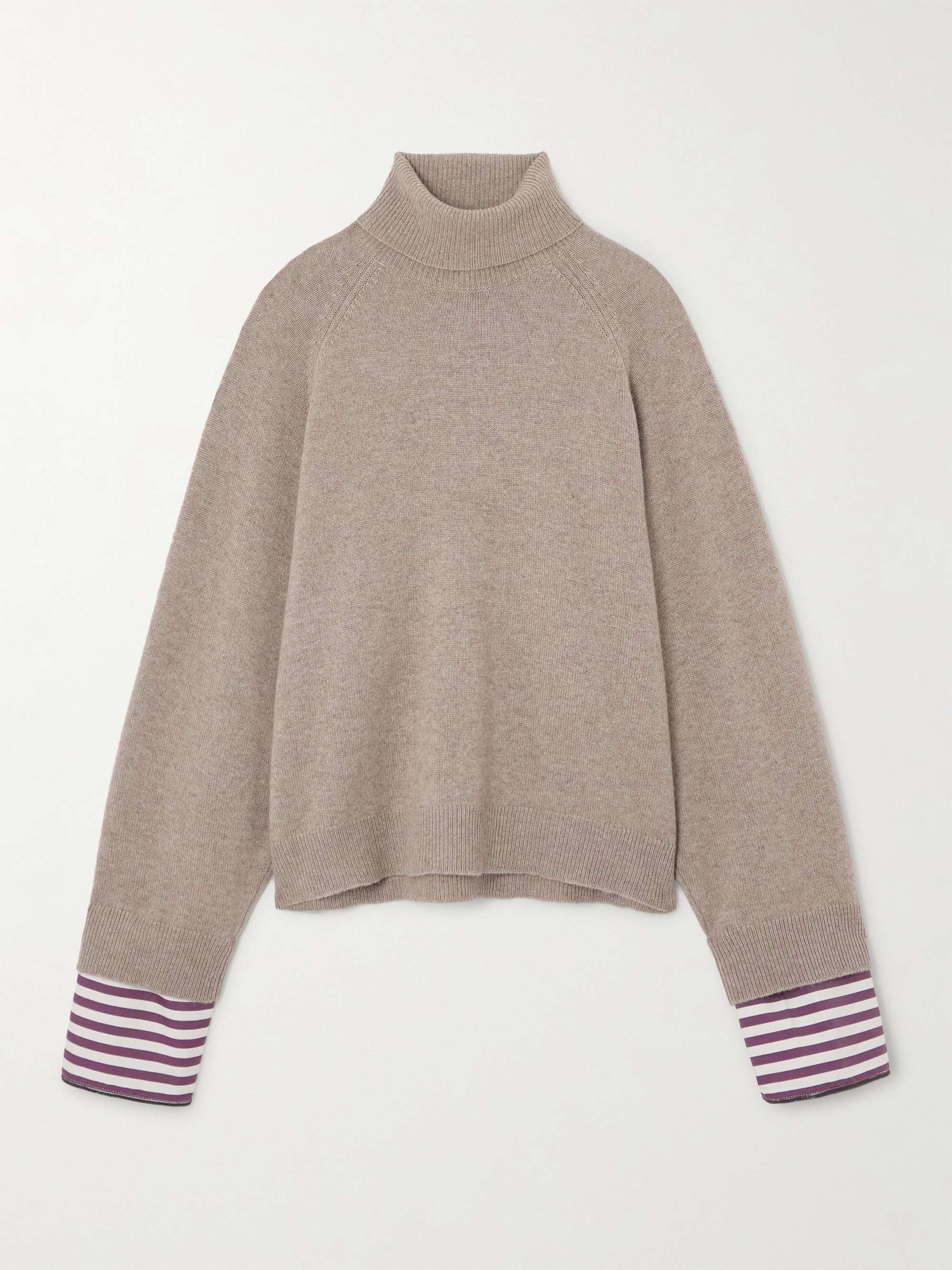 Striped poplin-trimmed cashmere turtleneck sweater view