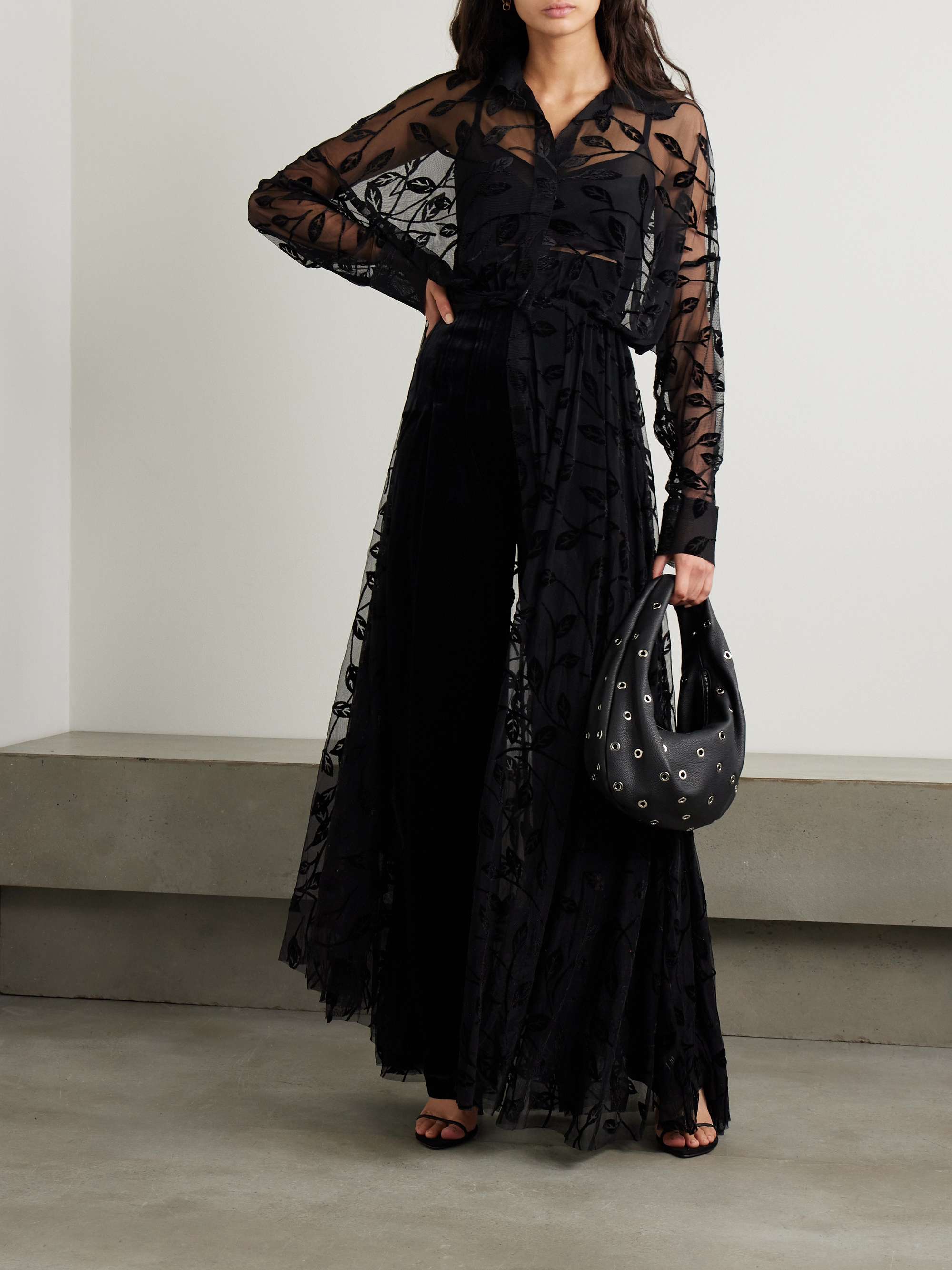 Appliquéd belted stretch-mesh gown view