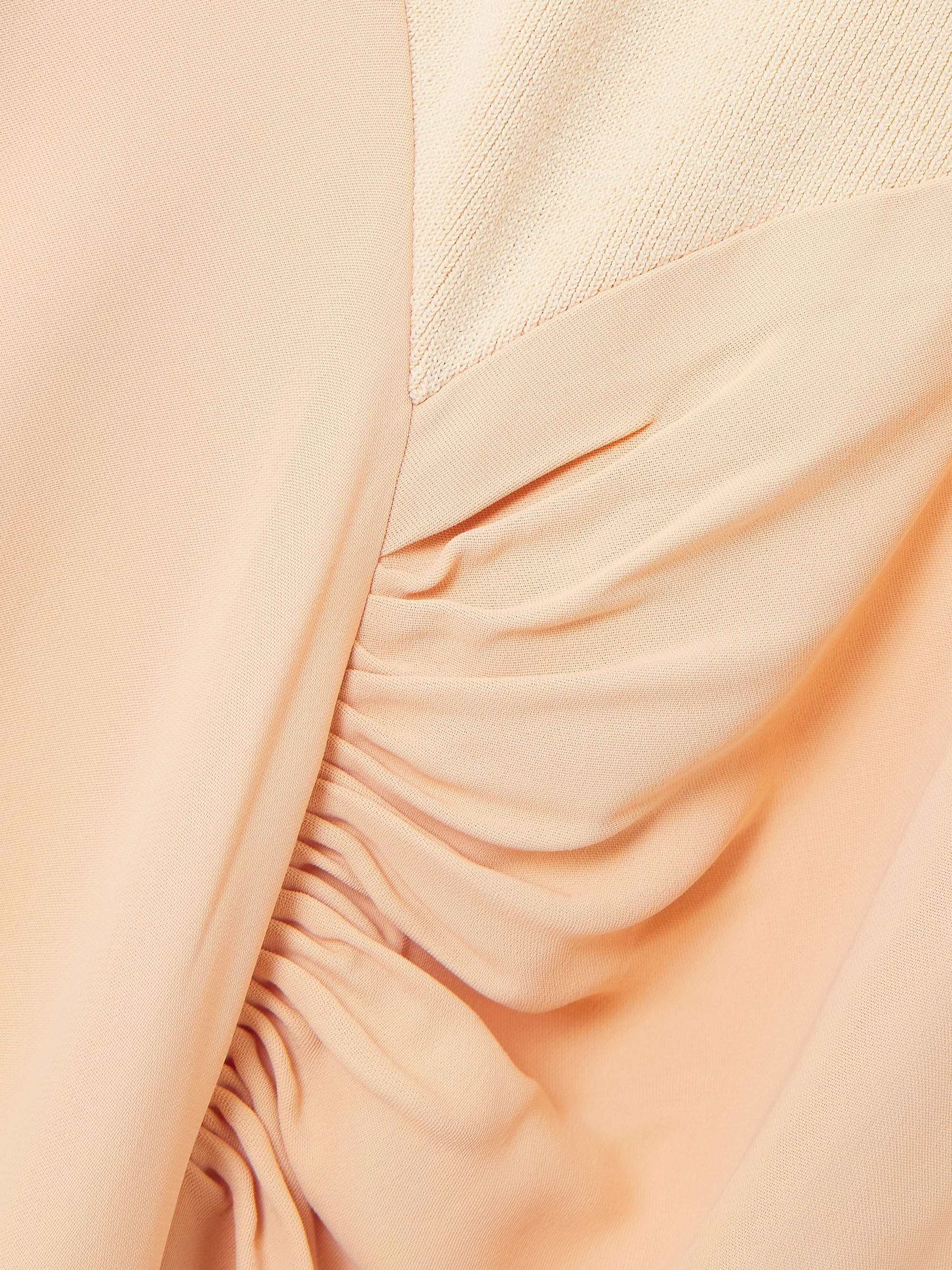Asymmetric draped gathered ribbed-knit and crepe midi dress view