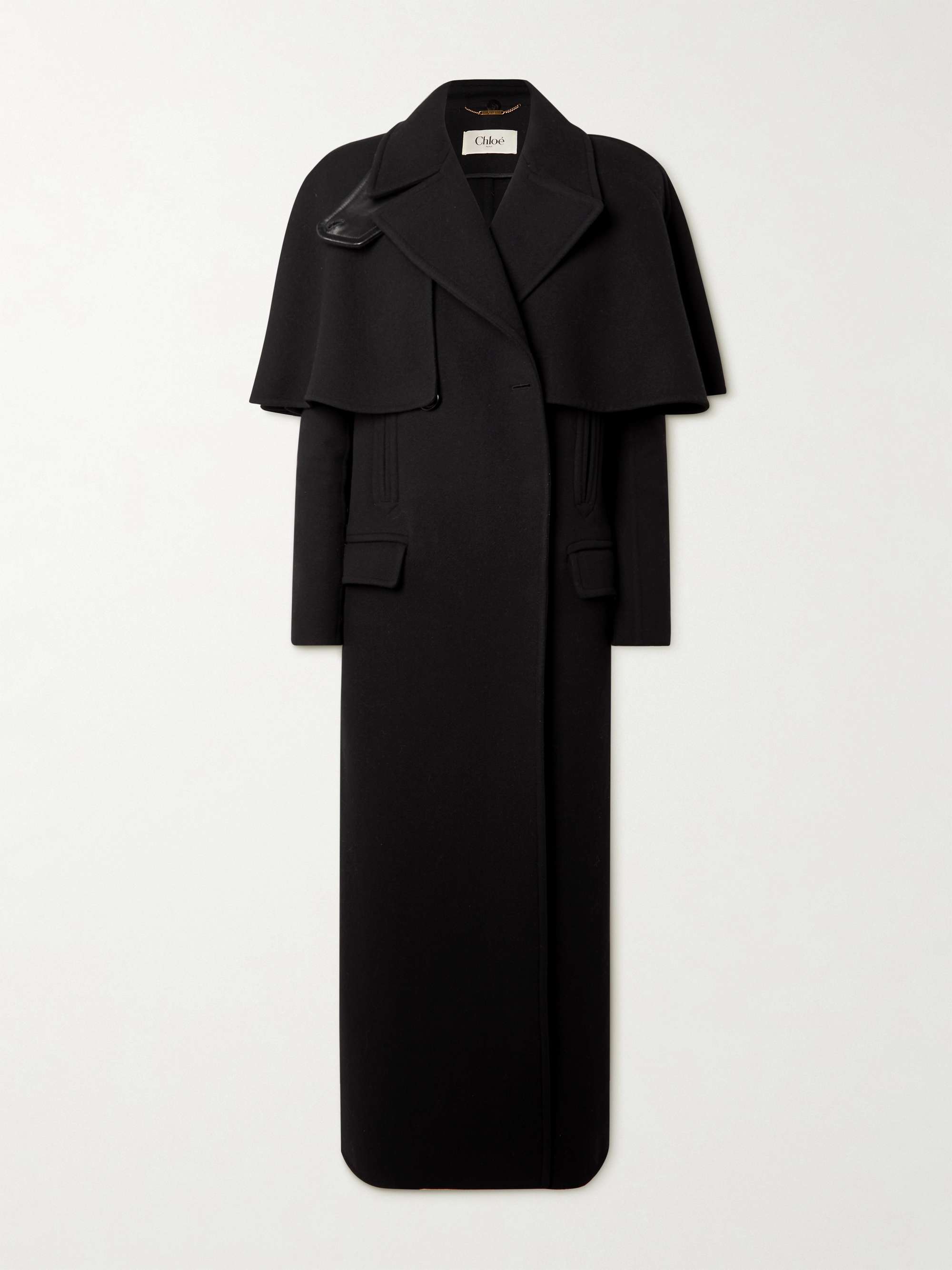 Cape-effect double-breasted leather-trimmed wool coat view