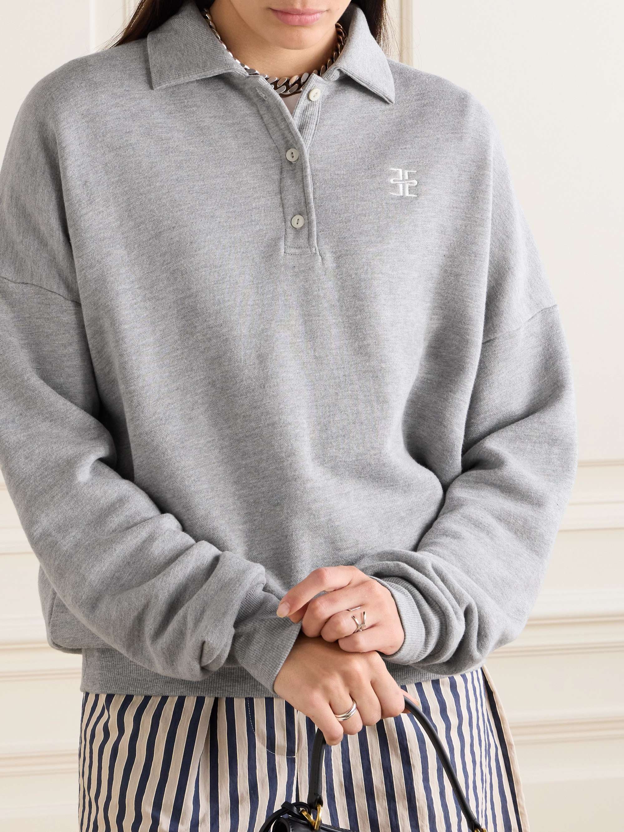 Oversized embroidered cotton and modal-blend jersey polo sweatshirt view