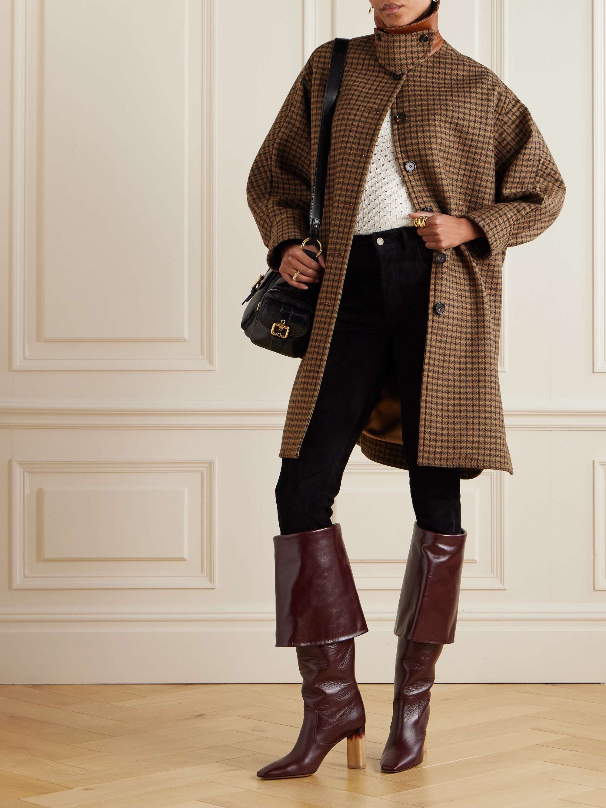 Oversized leather-trimmed checked wool coat view