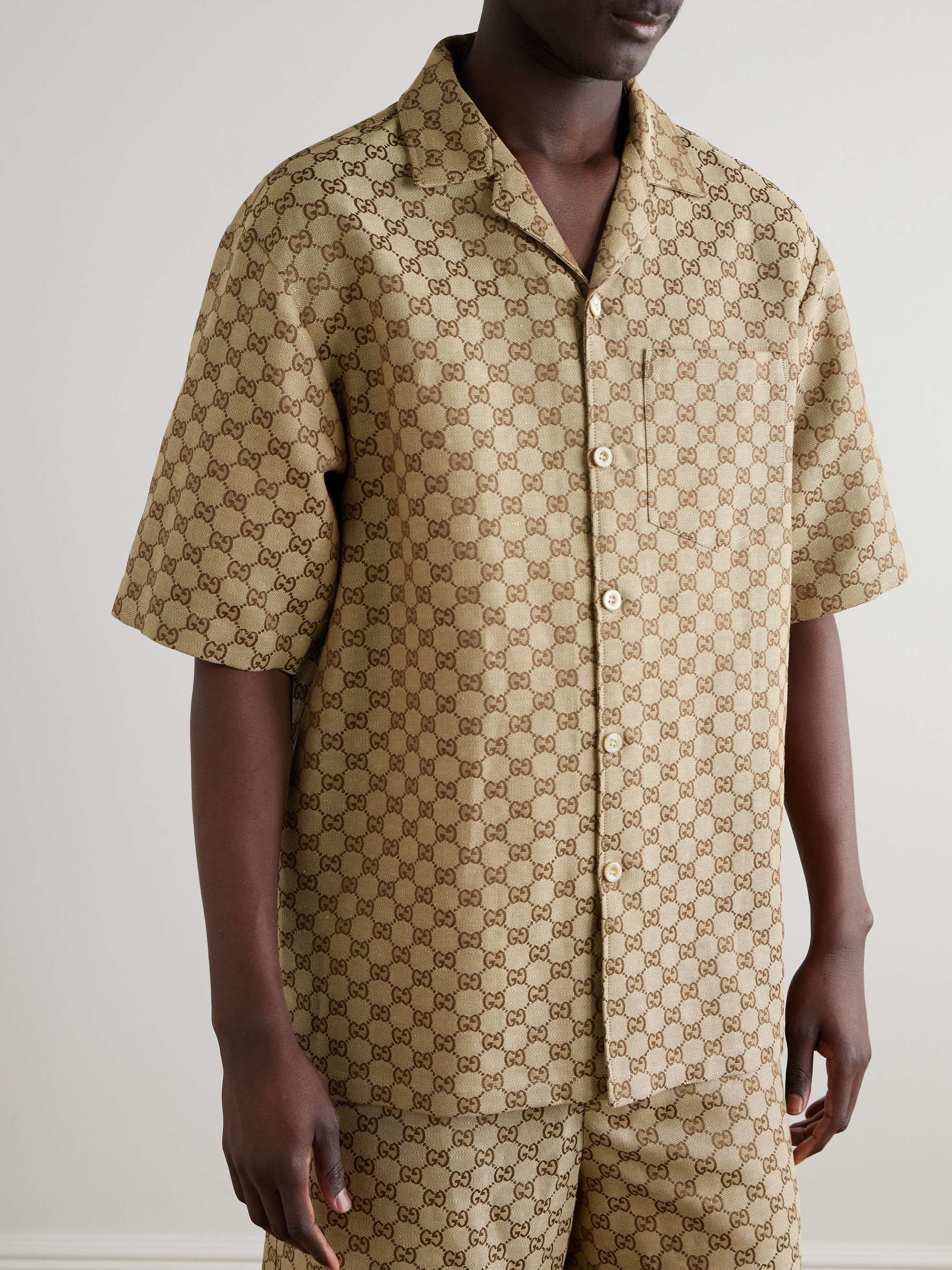 Camp-Collar Monogrammed Linen-Blend Jacquard Shirt view