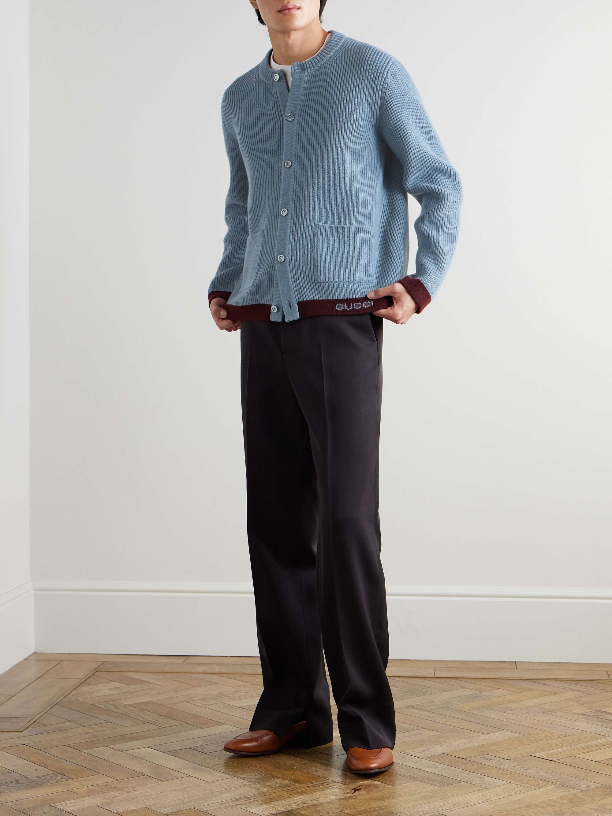 Two-Tone Logo-Jacquard Ribbed Wool Cardigan view