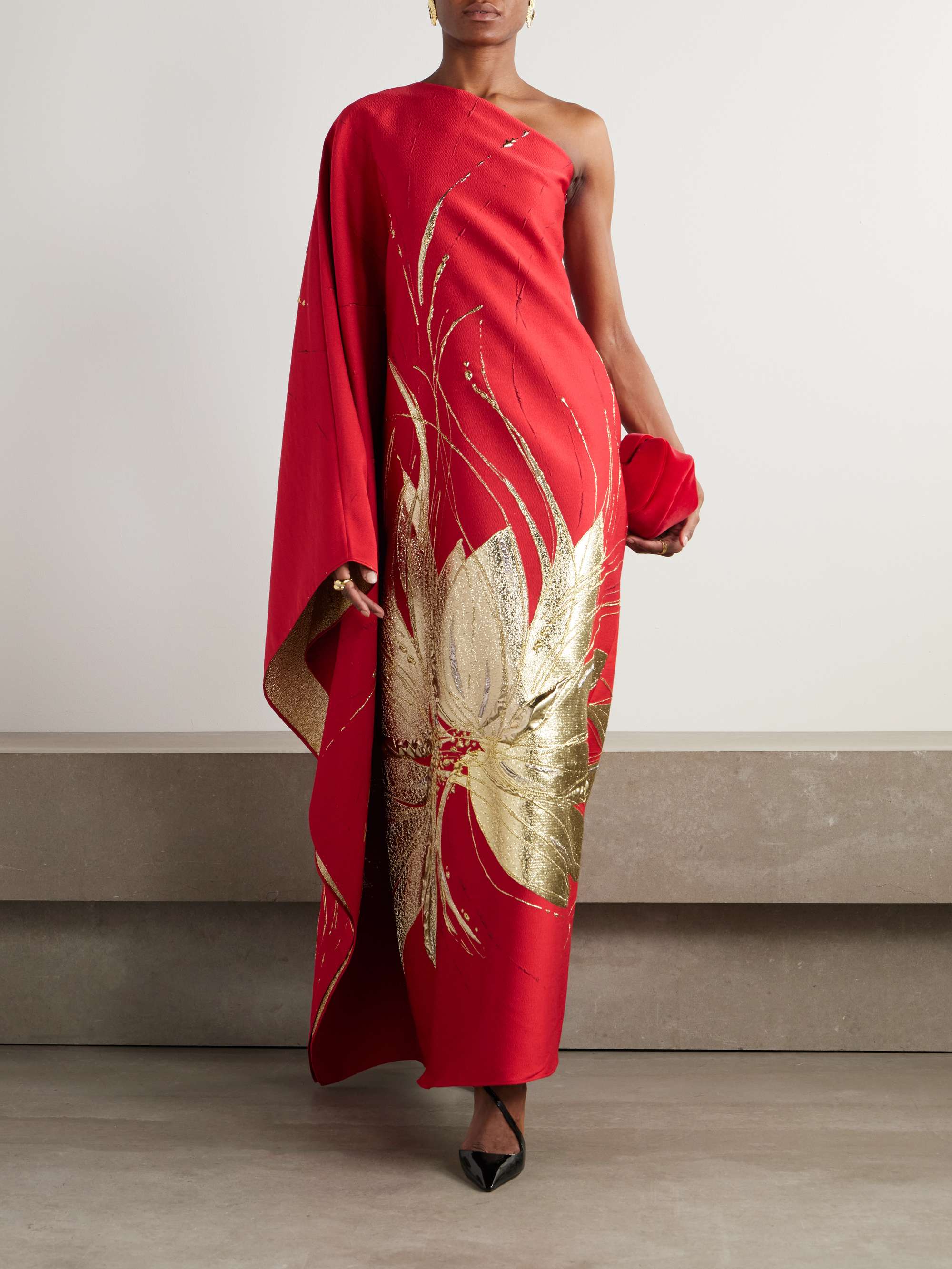 Hardison one-shoulder metallic floral-jacquard and crepe gown view