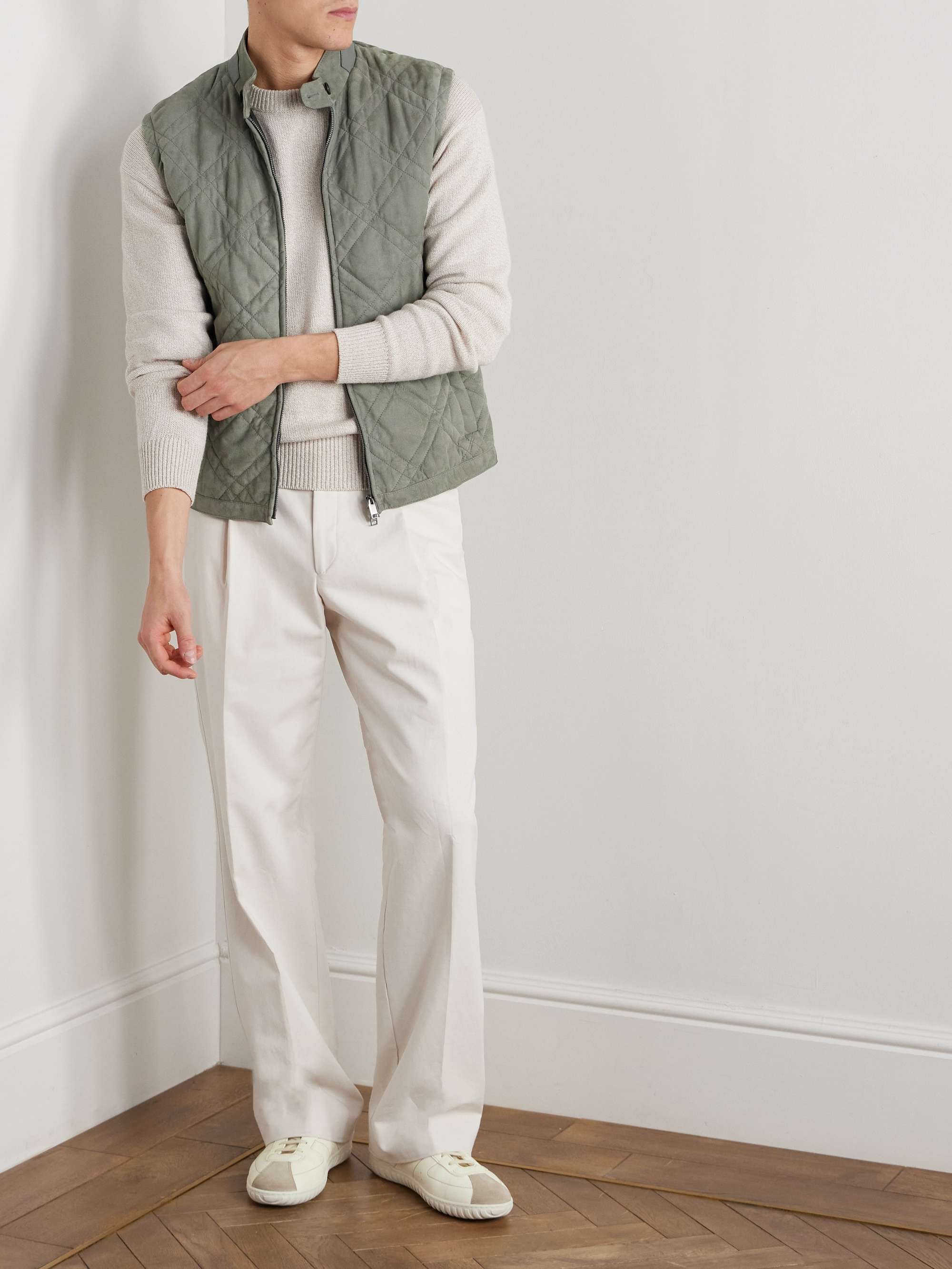 Leather-Trimmed Quilted Padded Suede Gilet view