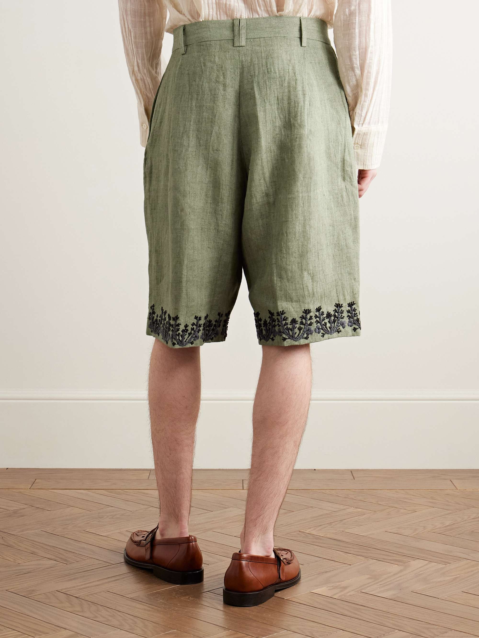 Wide-Leg Pleated Embellished Embroidered Cotton Shorts view