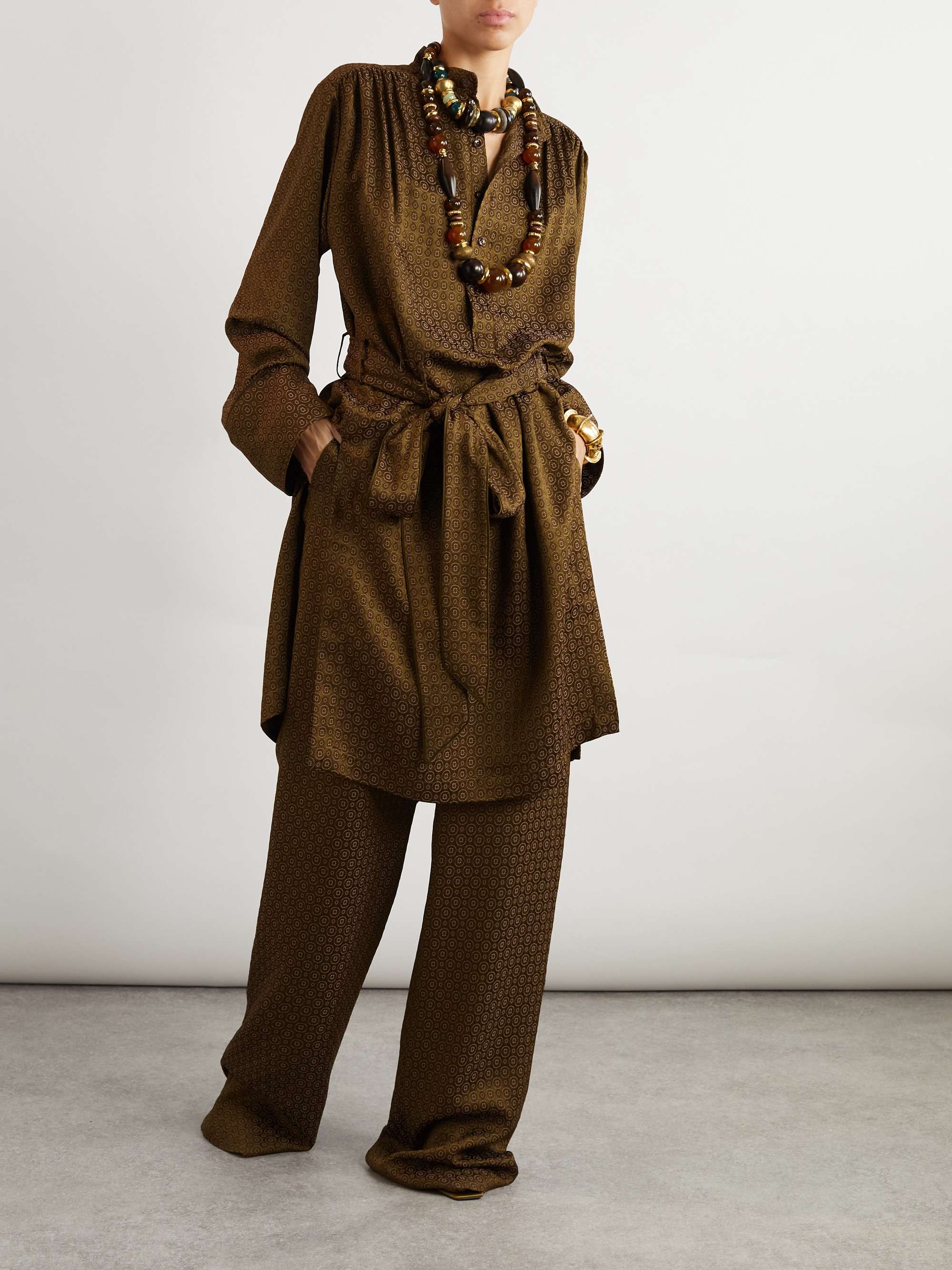 Belted printed silk shirt dress view