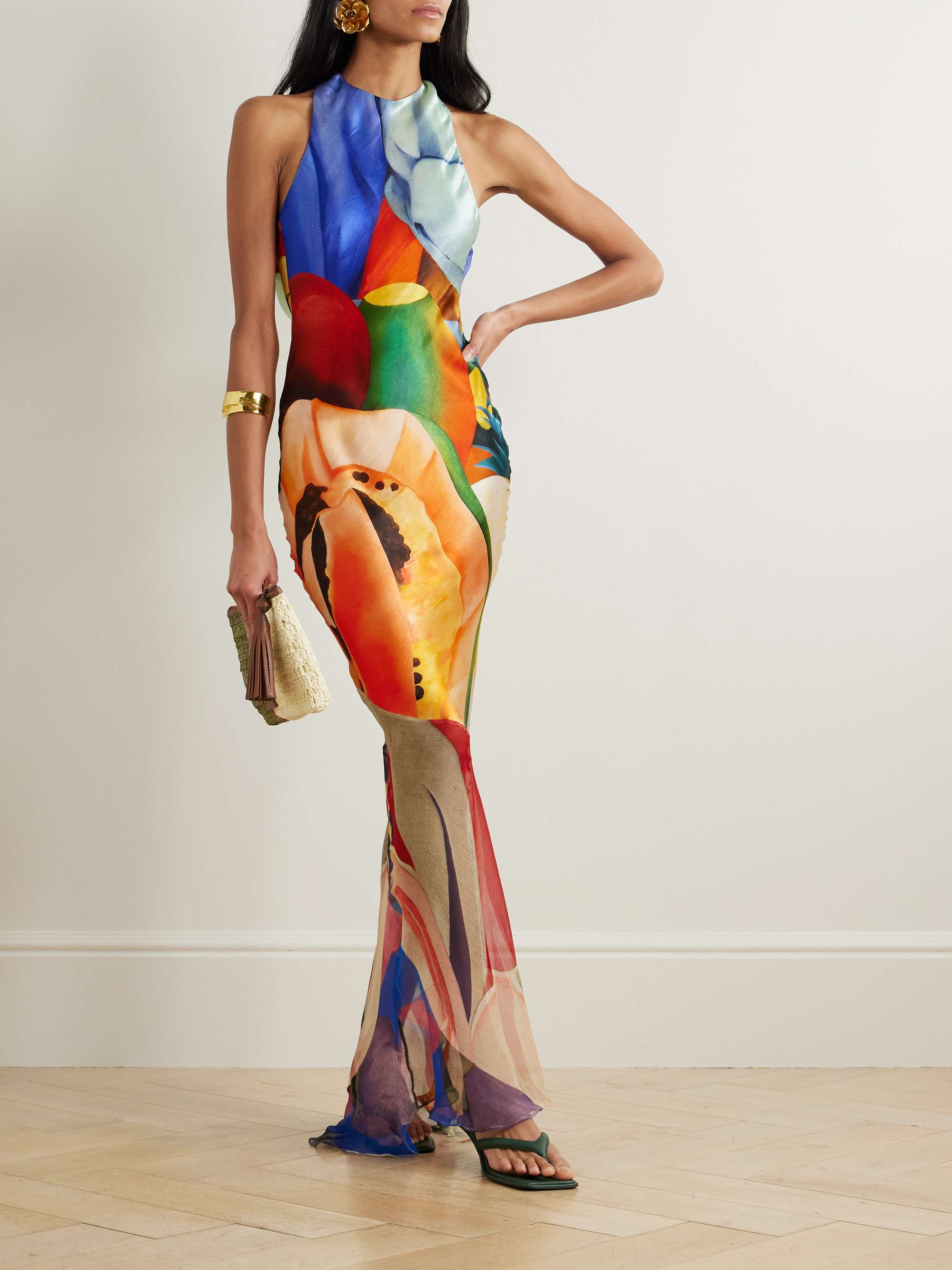 Open-back printed silk-blend satin and silk-blend chiffon maxi dress view