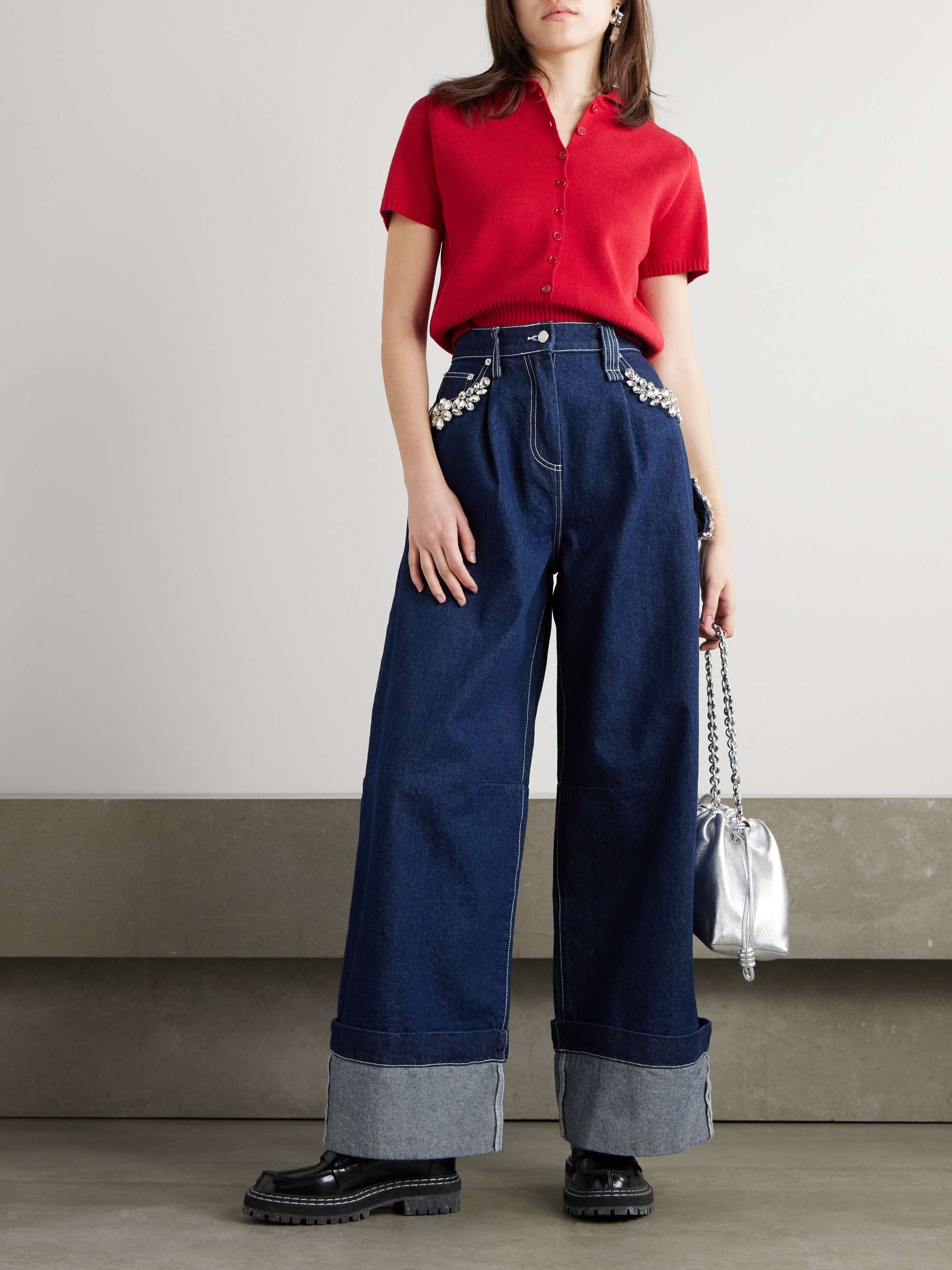Crystal-embellished mid-rise wide-leg jeans view