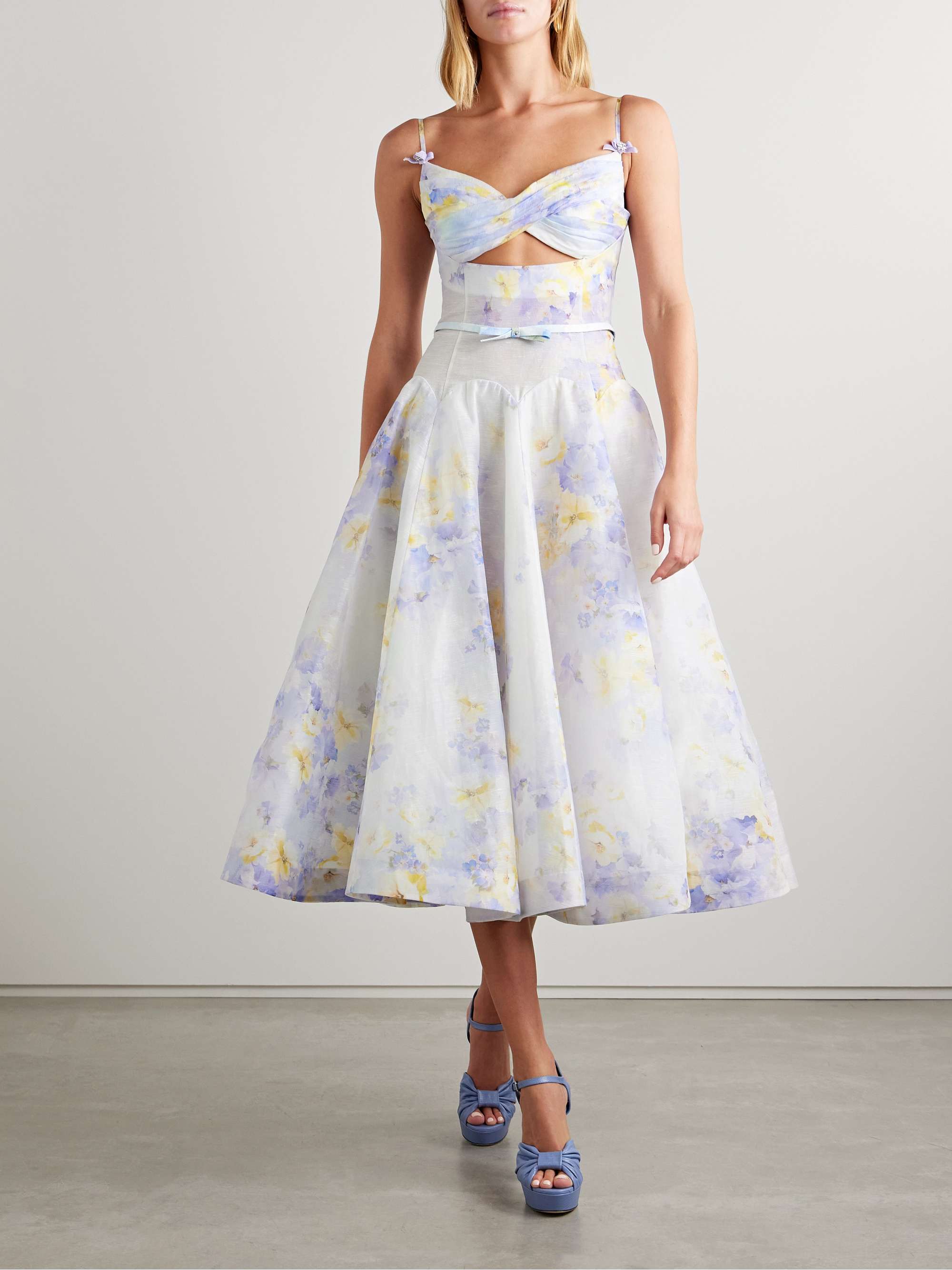 Crush belted twist-front embellished floral-print linen and silk-blend organza midi dress view