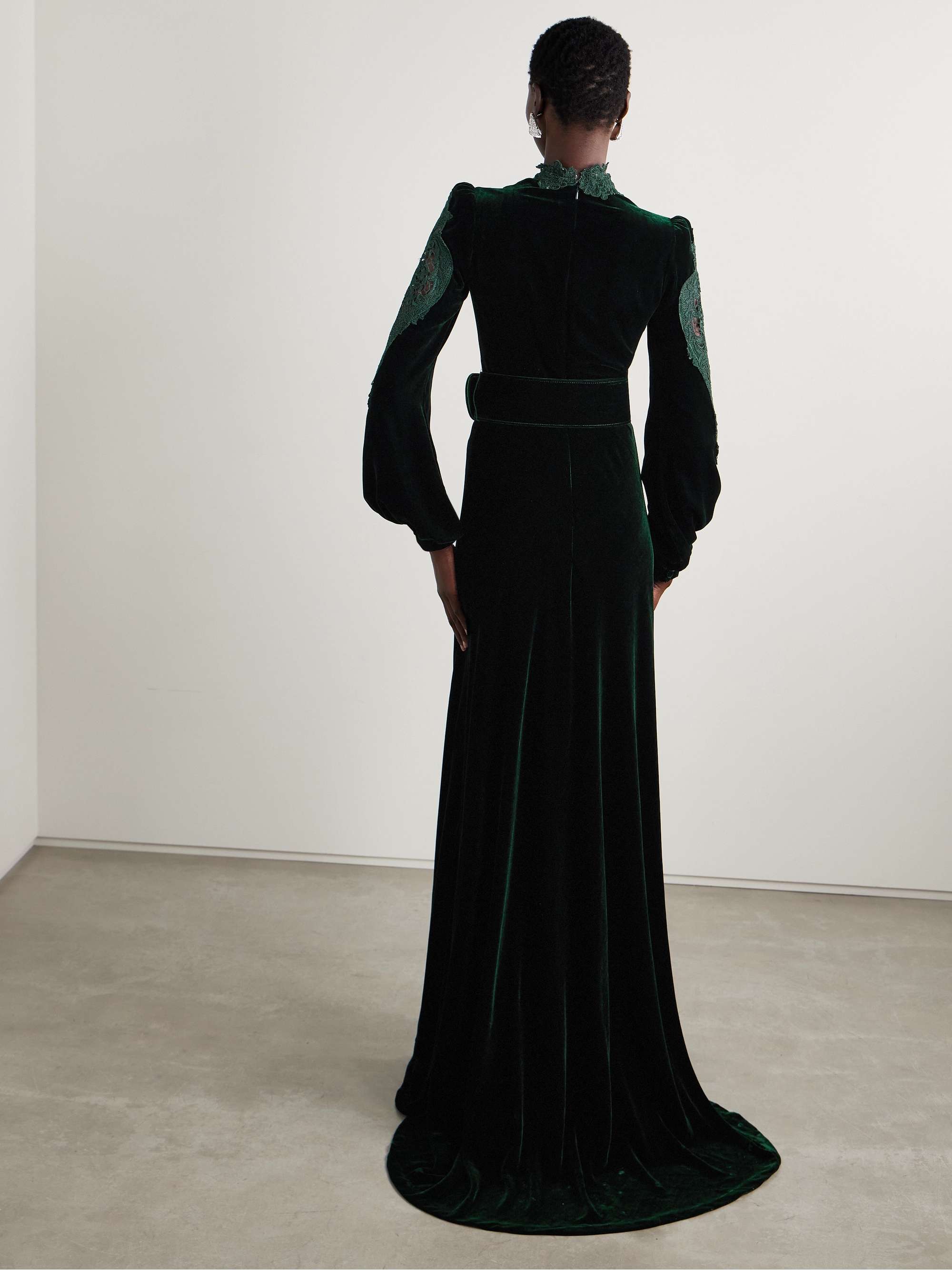 Belted corded lace-trimmed velvet gown view