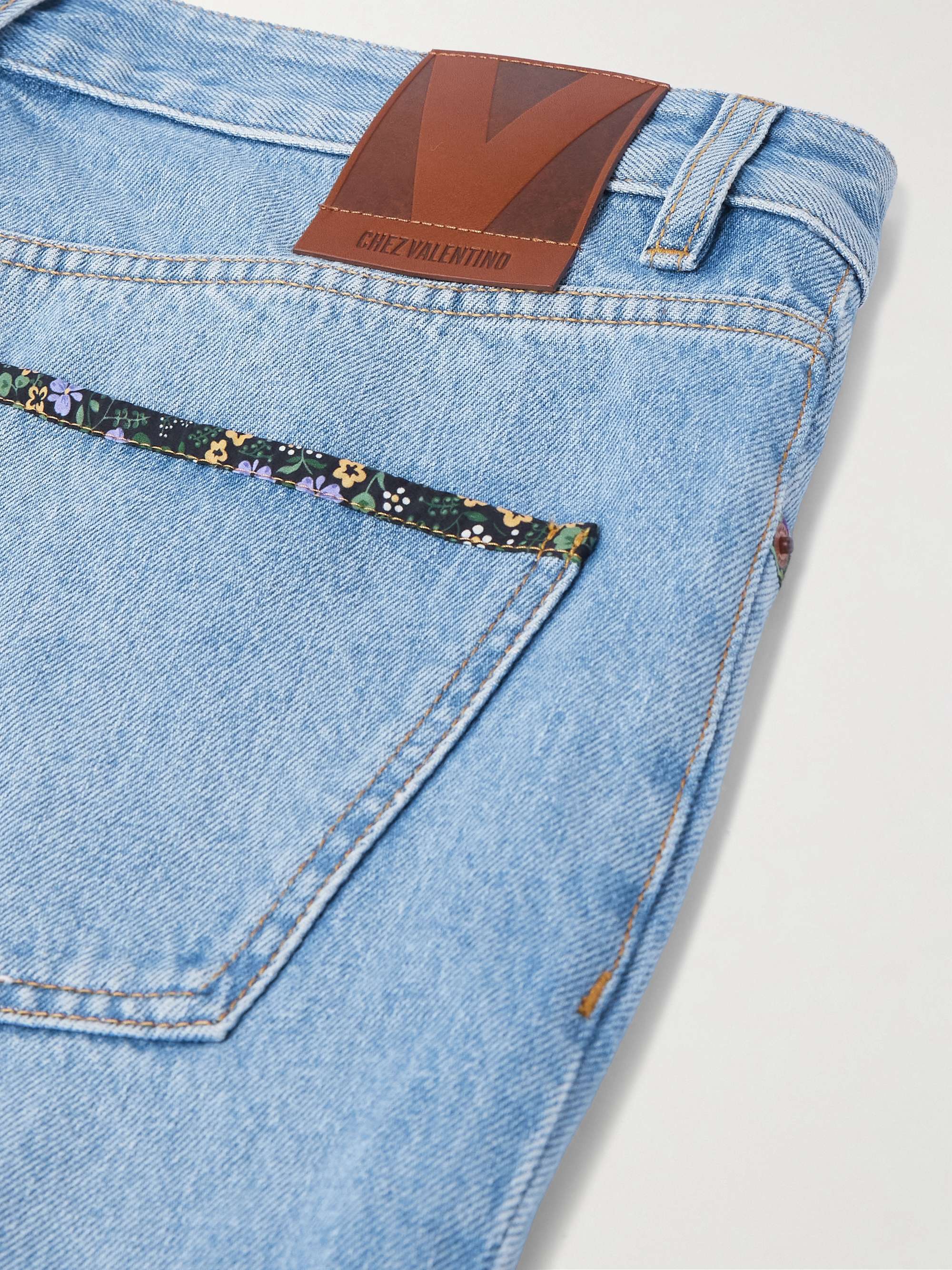 Straight-Leg Floral-Trimmed Jeans view