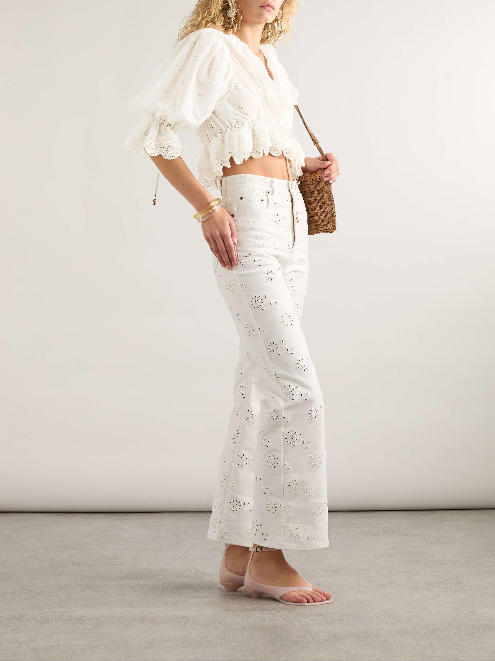 Cropped ruffled broderie anglaise cotton-voile blouse view