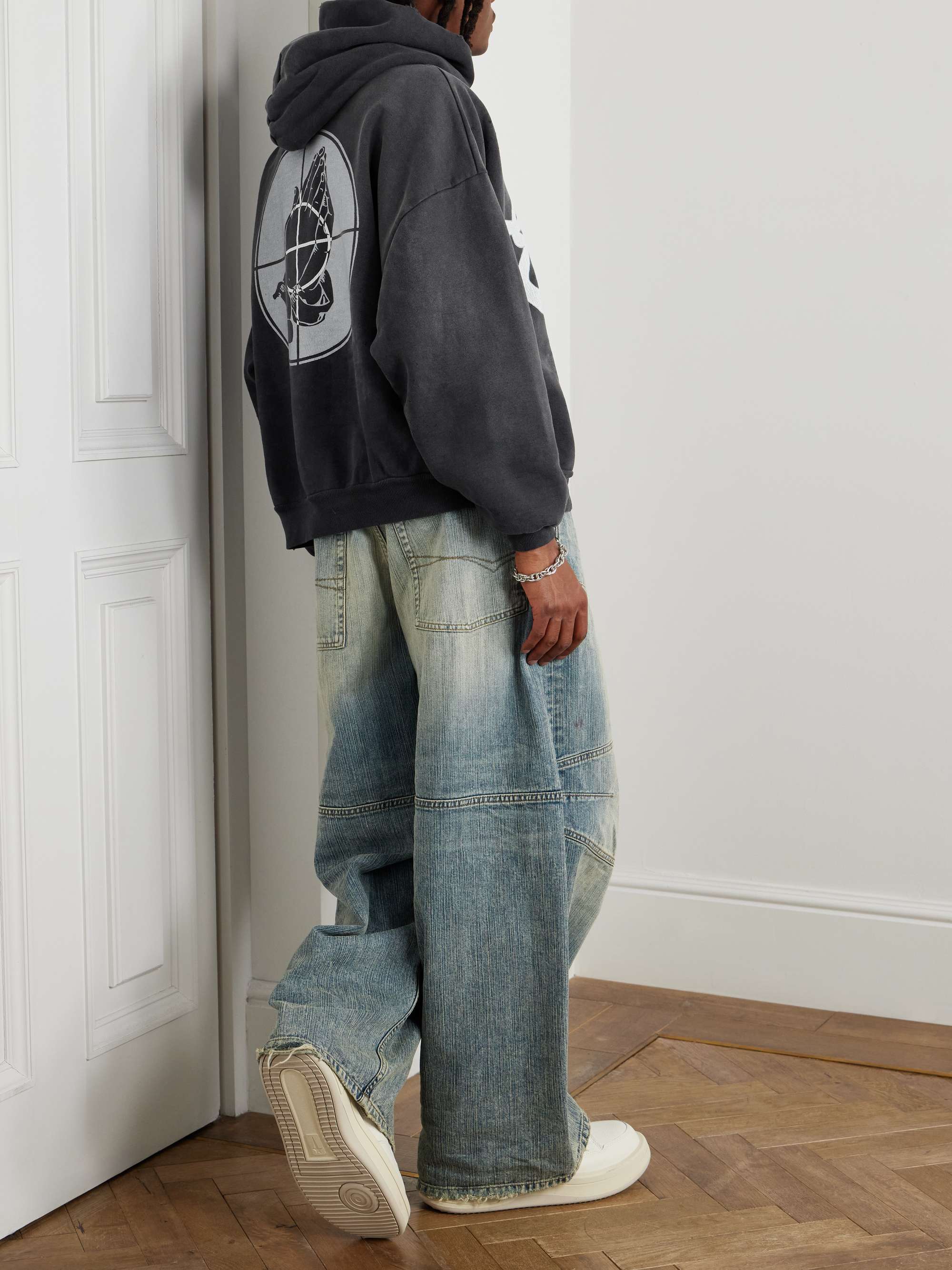 + Fear of God Distressed Logo-Print Cotton-Jersey Hoodie view