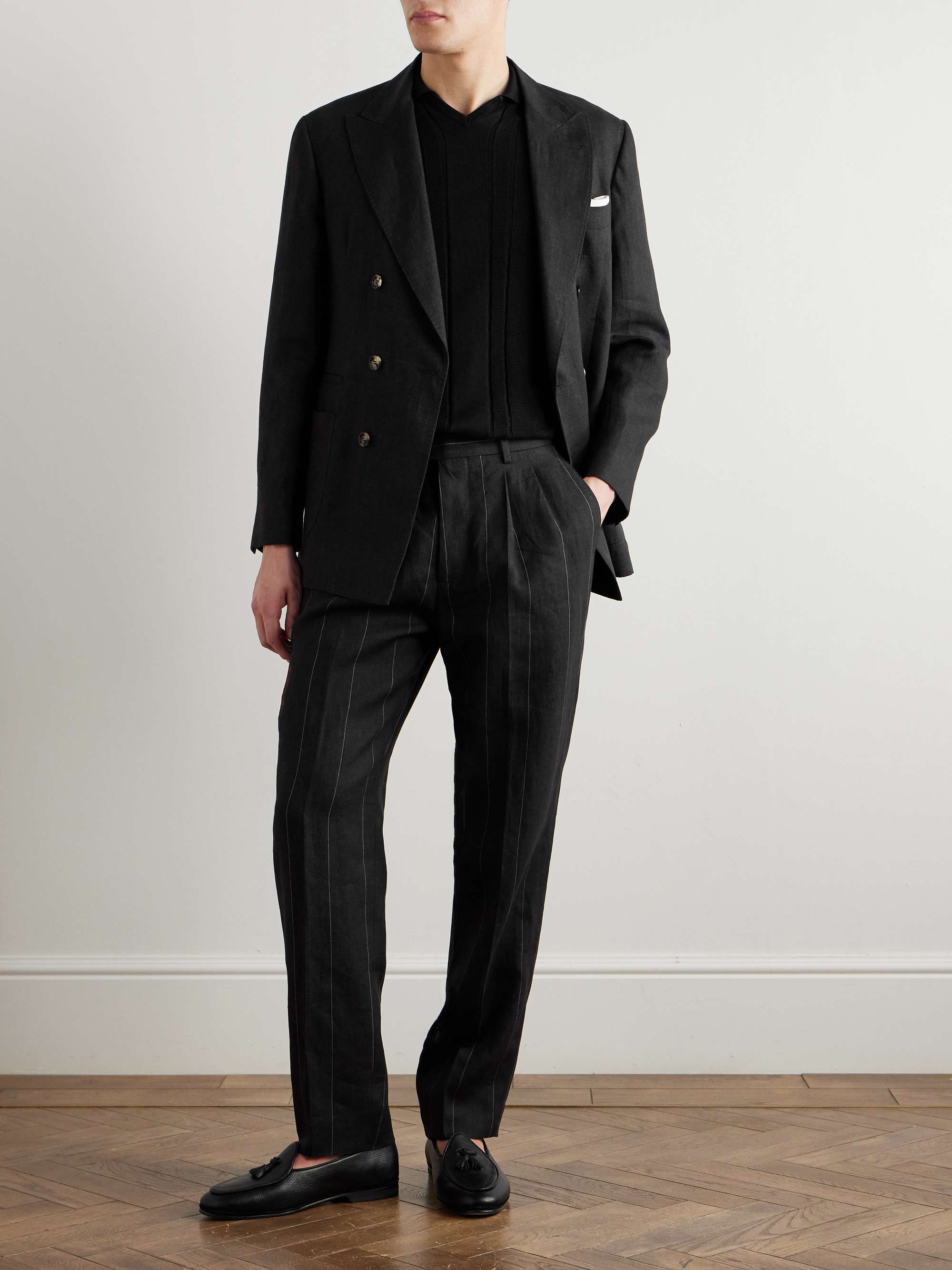 Slim-Fit Pleated Pinstriped Linen Suit Trousers view