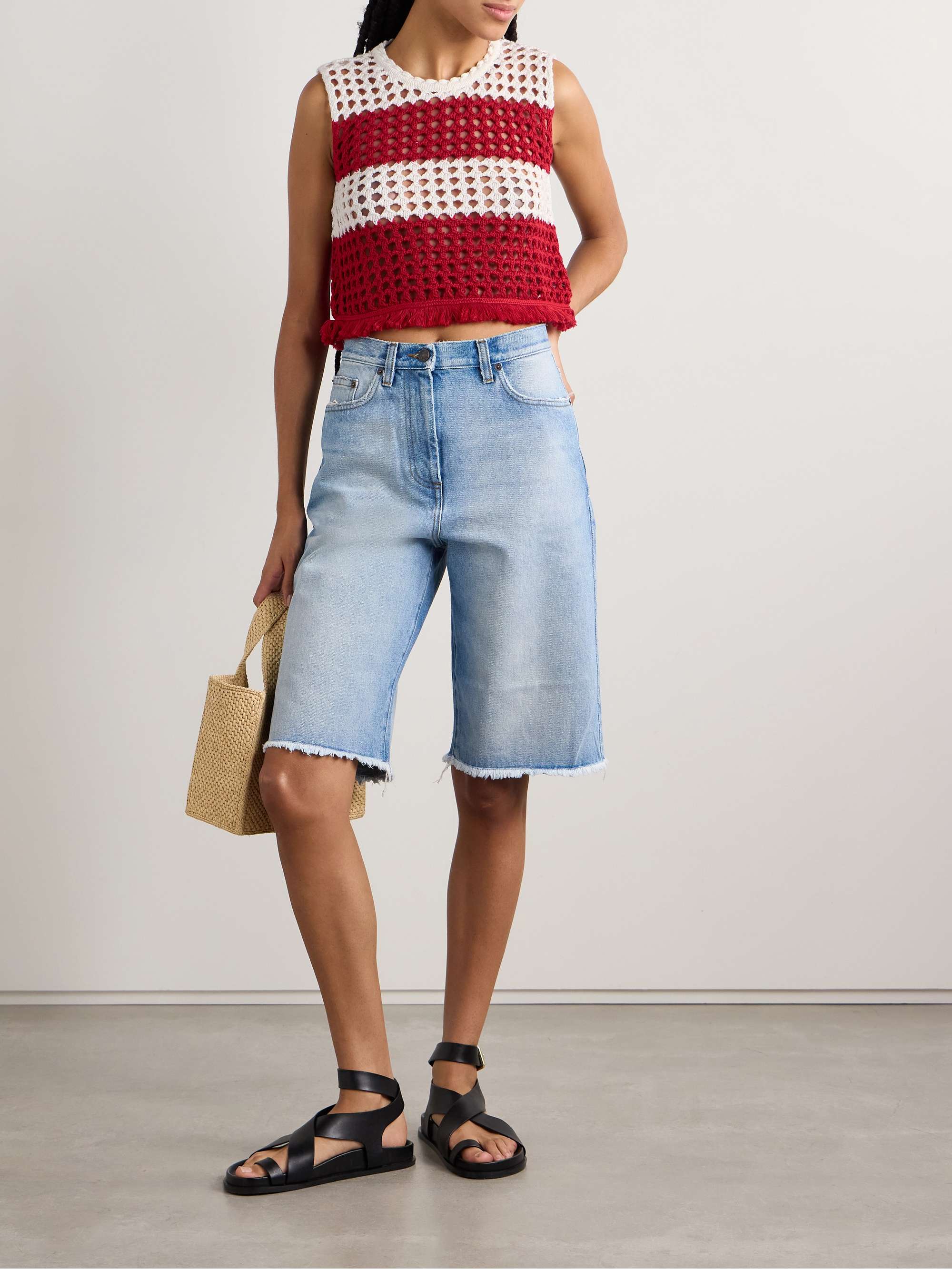 Fringed striped crocheted cotton tank view
