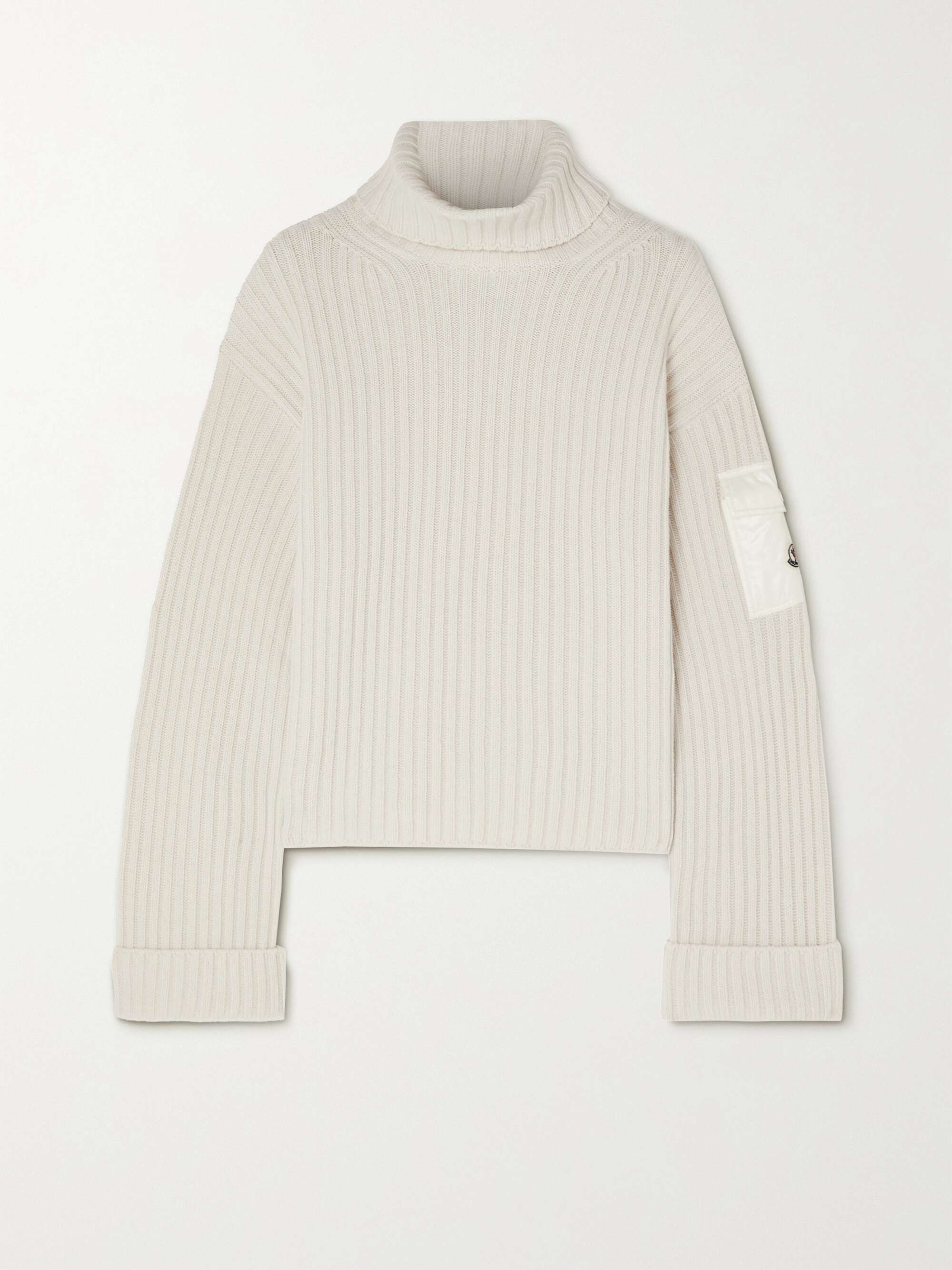 Shell-trimmed ribbed wool turtleneck sweater view