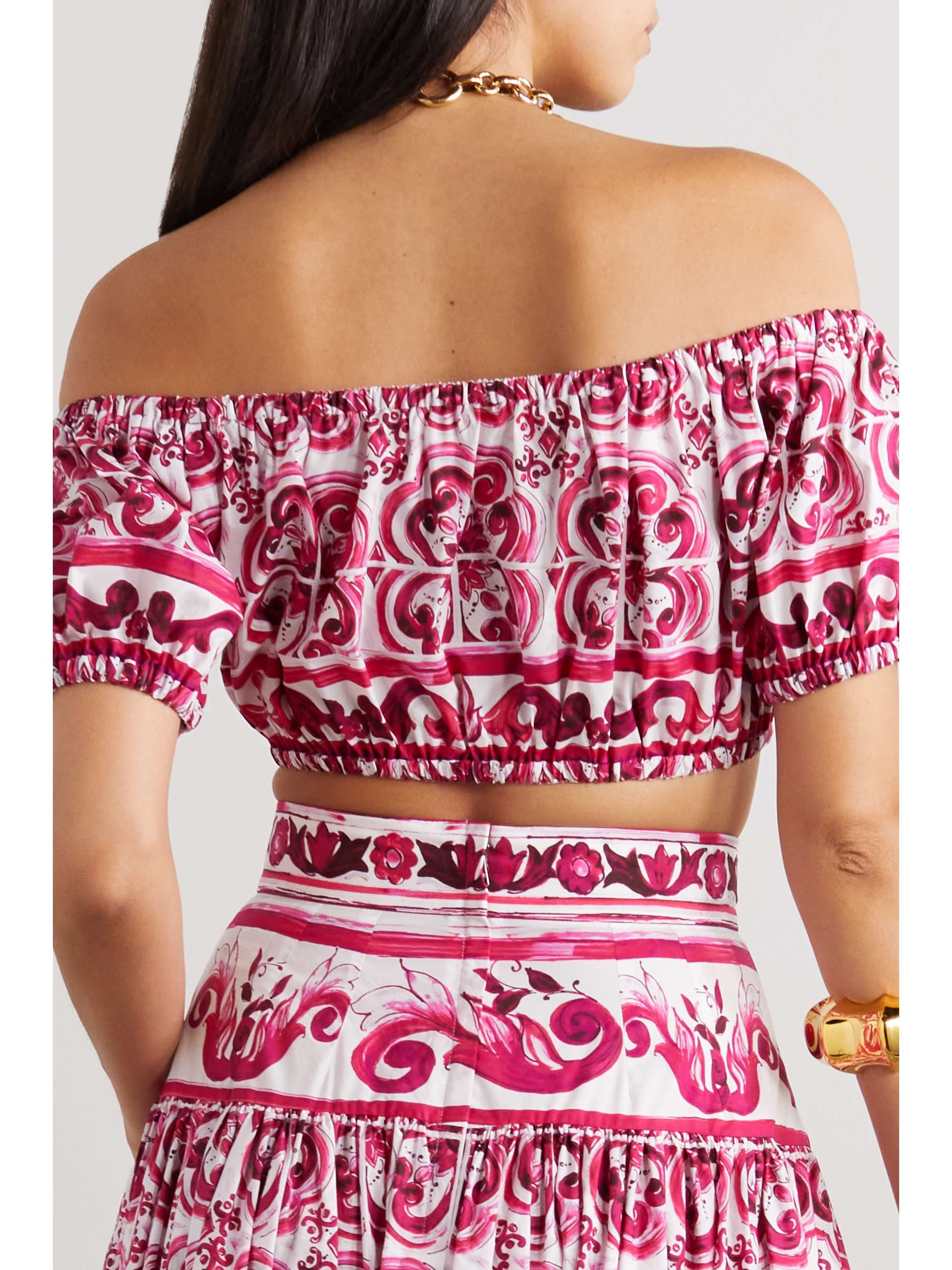 Maiolica off-the-shoulder printed cotton-poplin top view