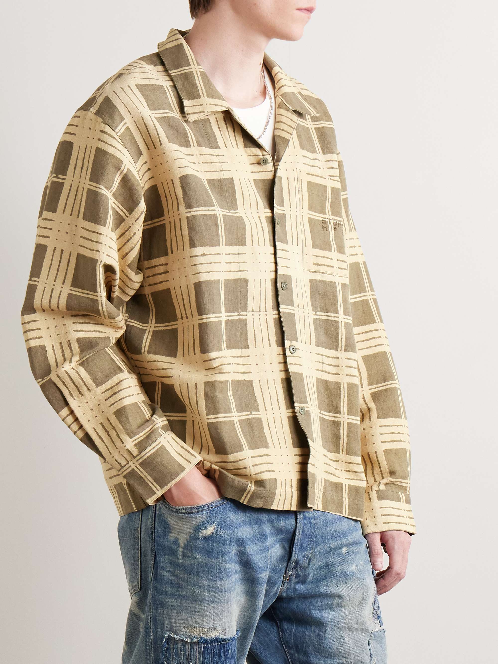 Greetings Camp-Collar Logo-Embroidered Checked Linen and Organic Cotton-Blend Shirt view