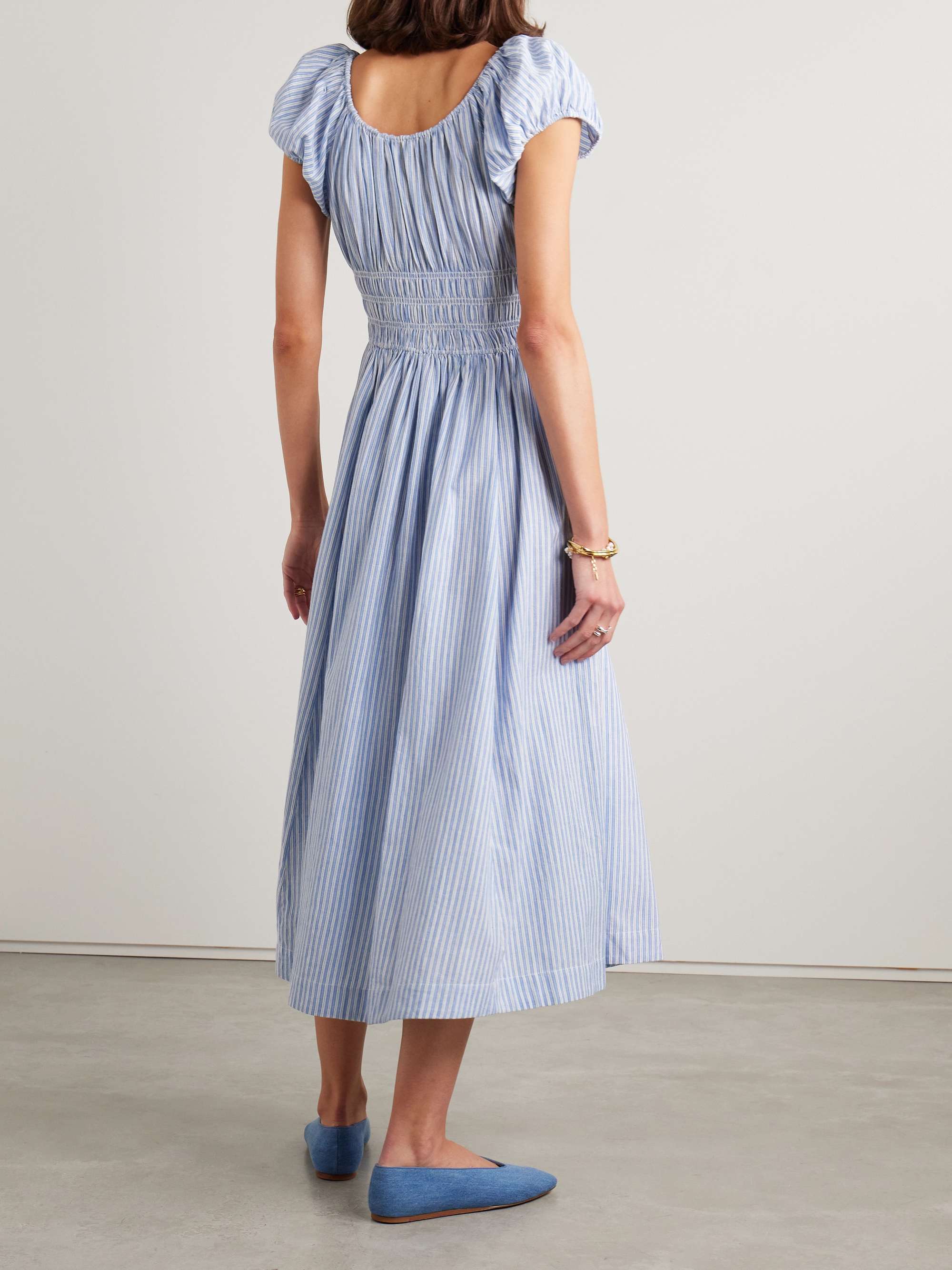 Quinn tie-detailed shirred striped organic cotton-poplin midi dress view