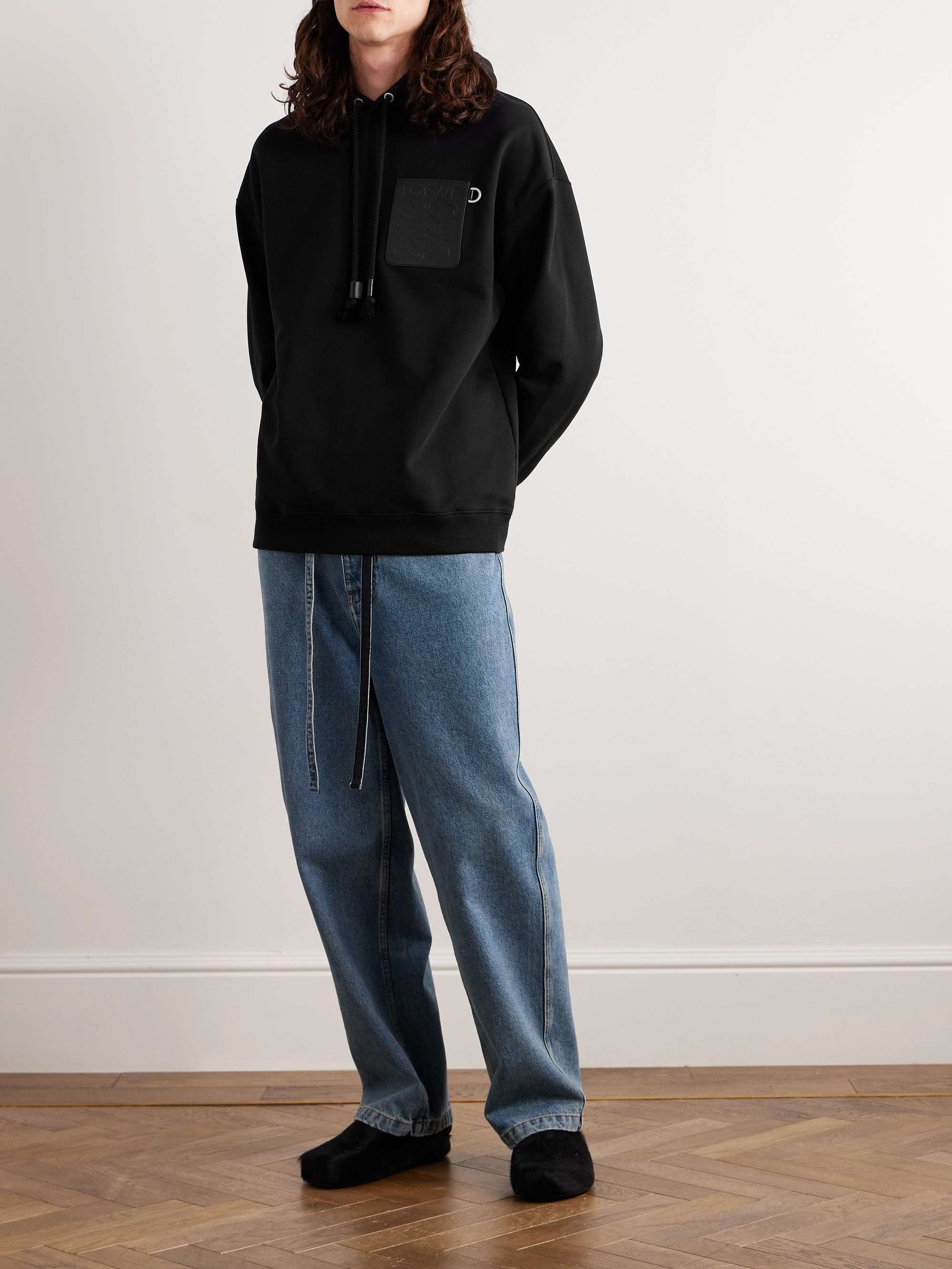 Logo-Debossed Leather-Trimmed Cotton-Jersey Hoodie view