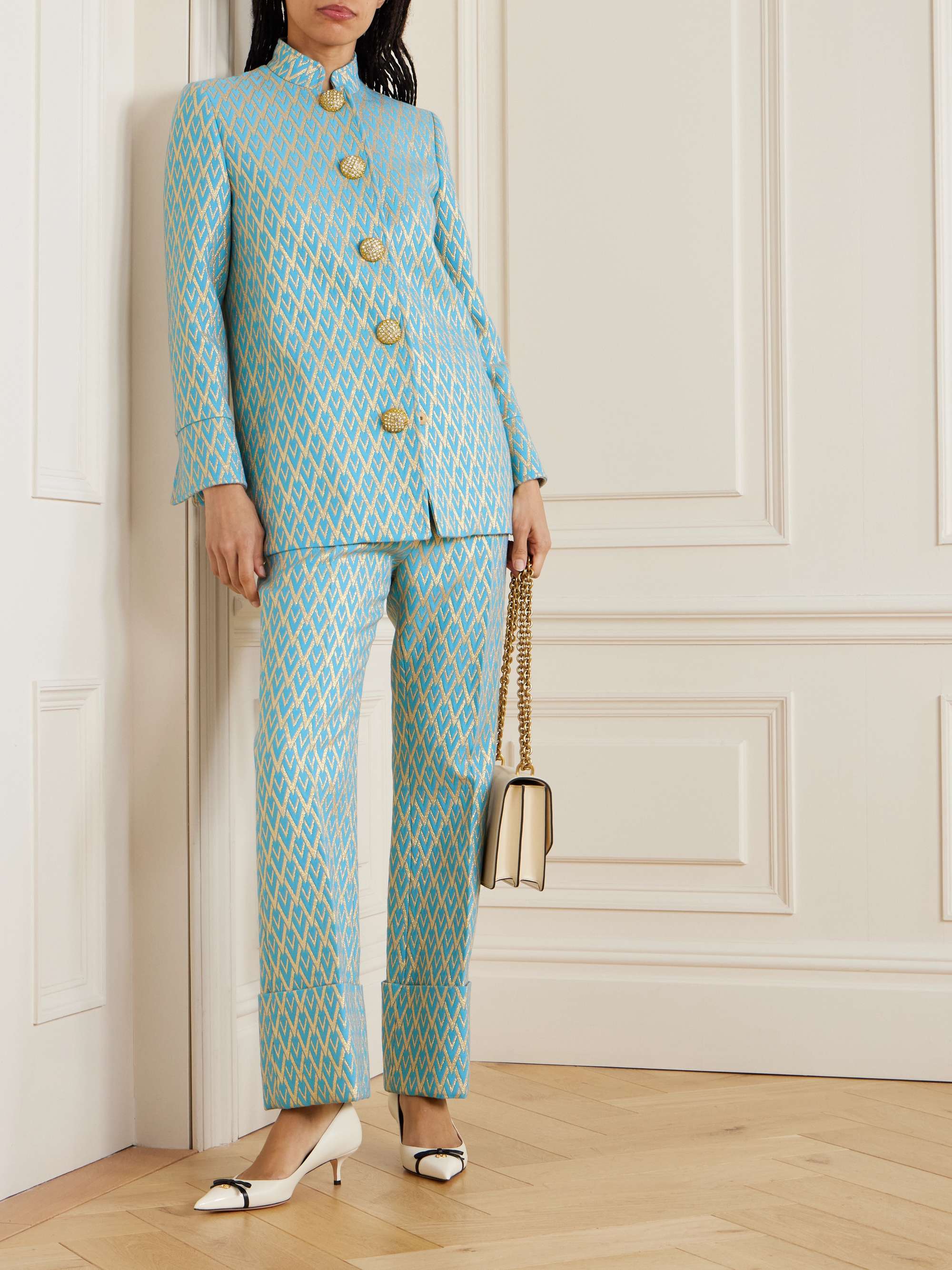 Metallic wool-blend jacquard wide-leg pants view