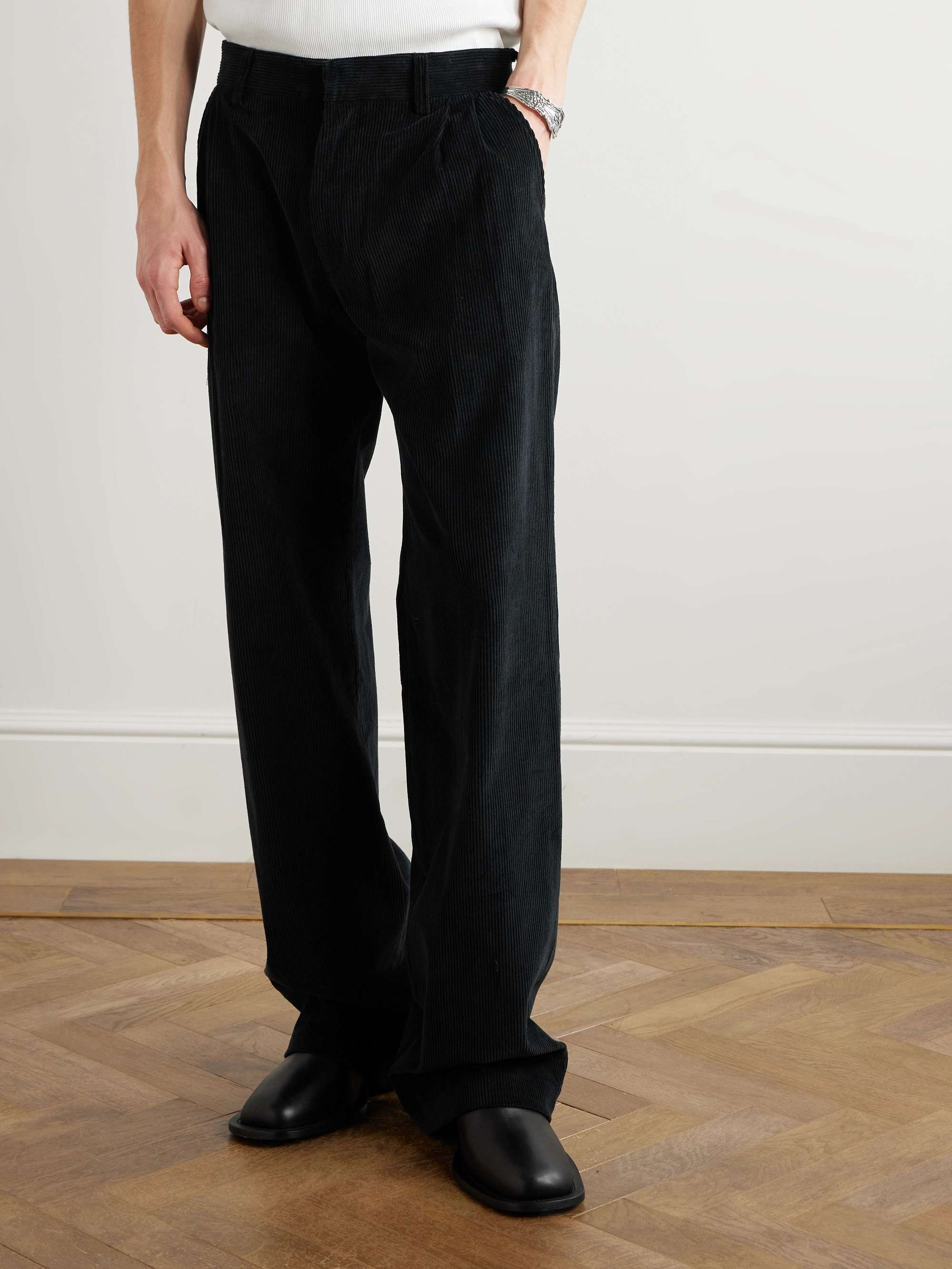 Straight-Leg Pleated Appliquéd Cotton-Corduroy Trousers view