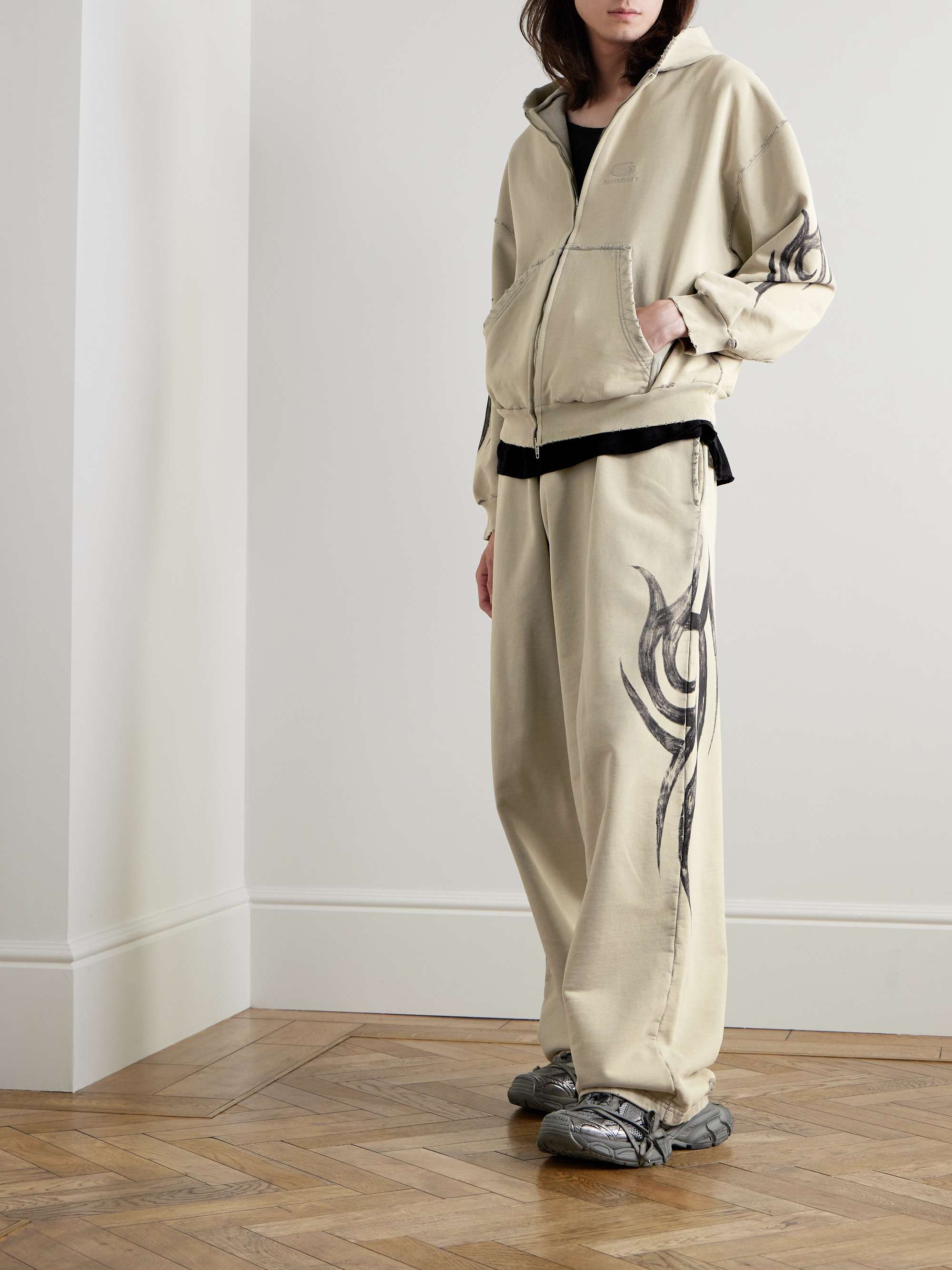 Wide-Leg Distressed Printed Cotton-Jersey Sweatpants view
