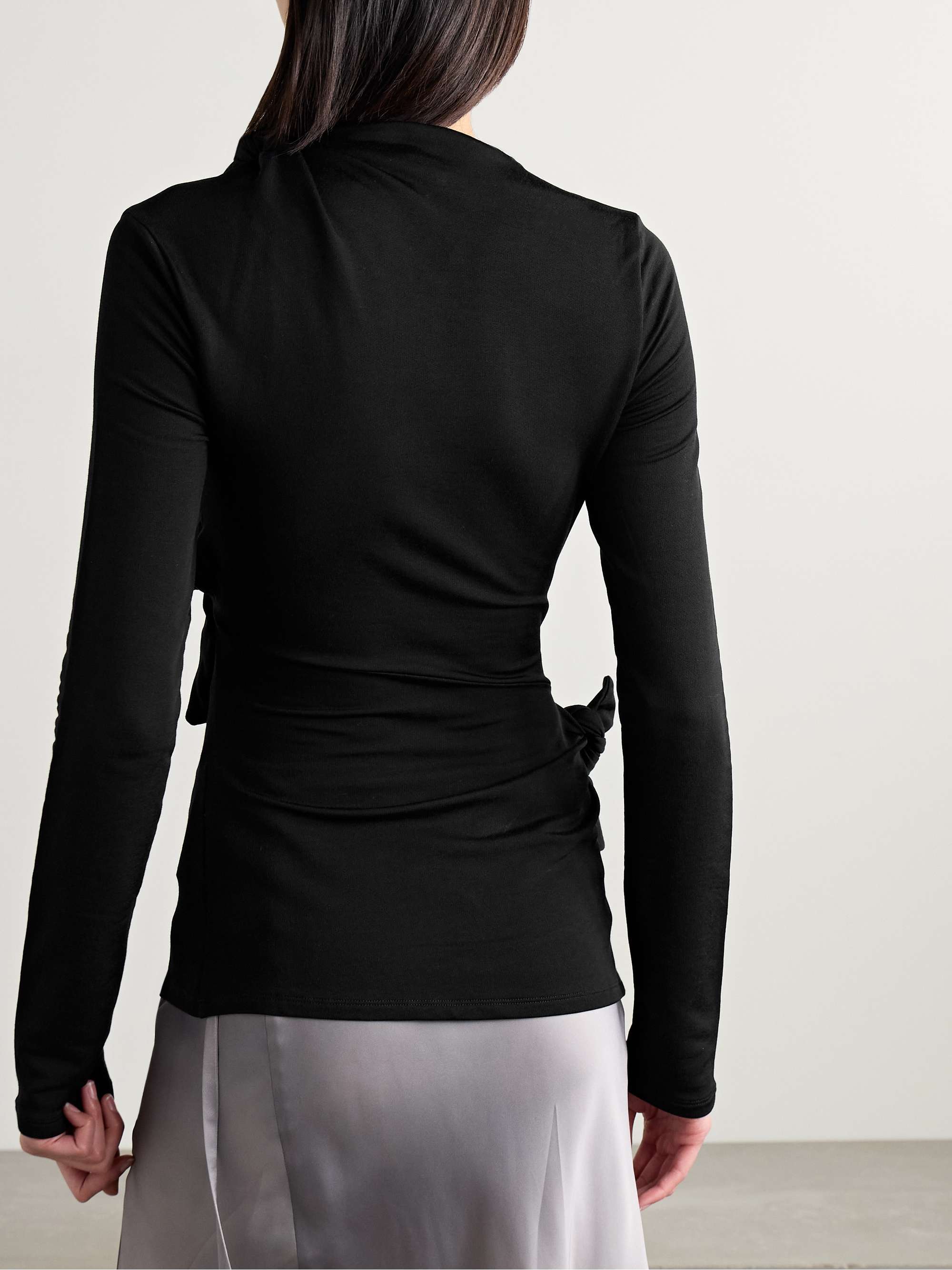 Cutout knotted ruched stretch-jersey top view