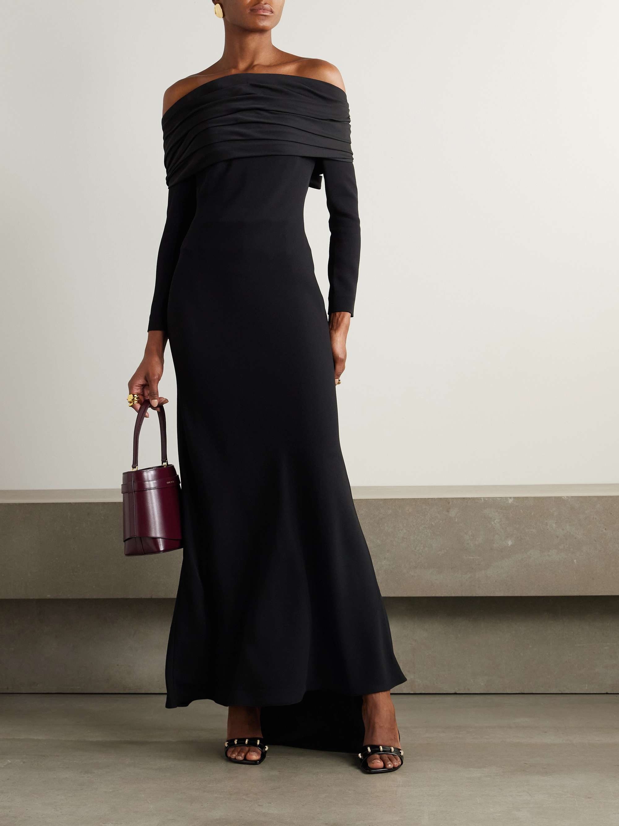 Off-the-shoulder bow-embellished pleated satin-trimmed crepe maxi dress view