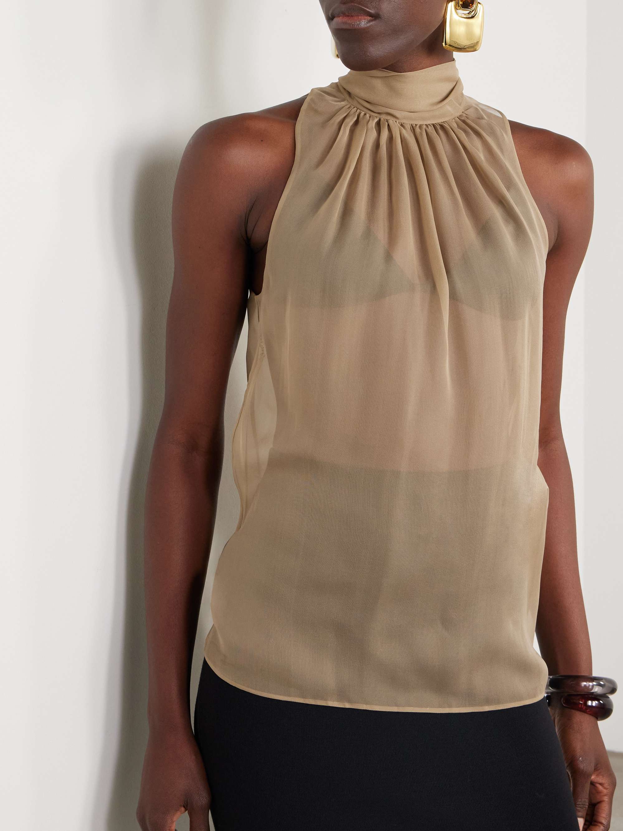 Gathered tie-detailed silk-chiffon blouse view