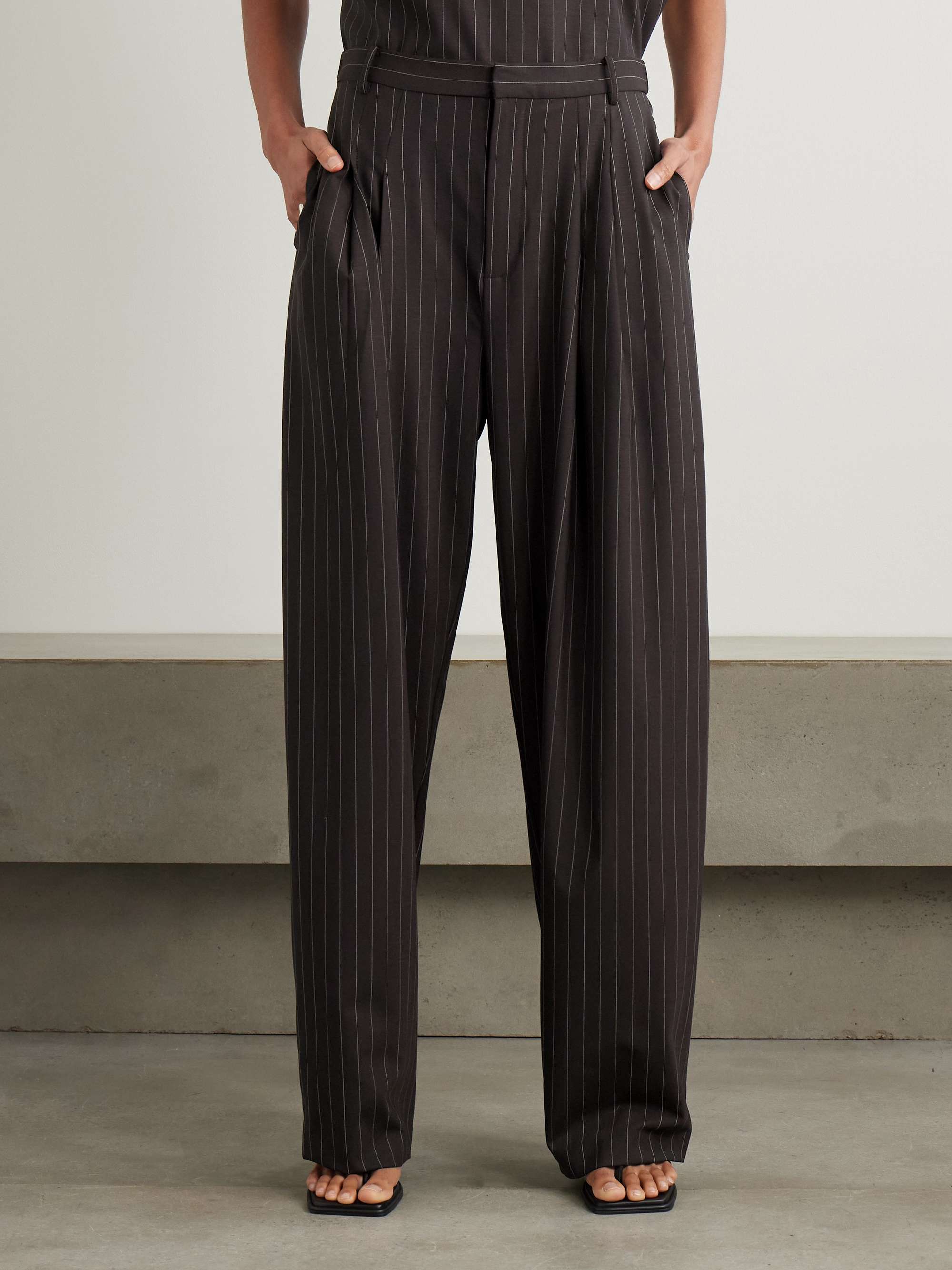 Pinstriped pleated wool-blend wide-leg pants view