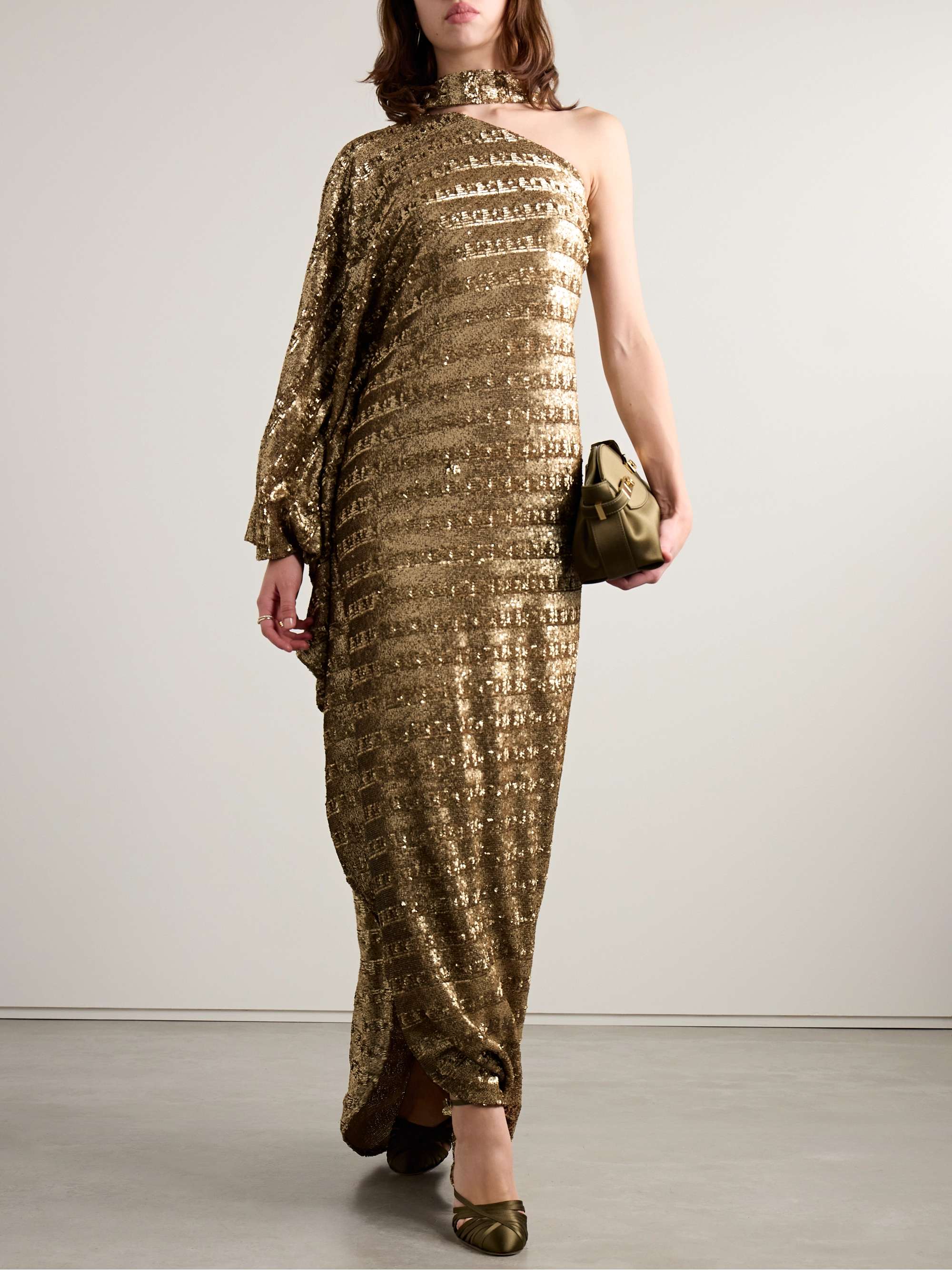 Ubud one-sleeve draped sequined tulle gown view