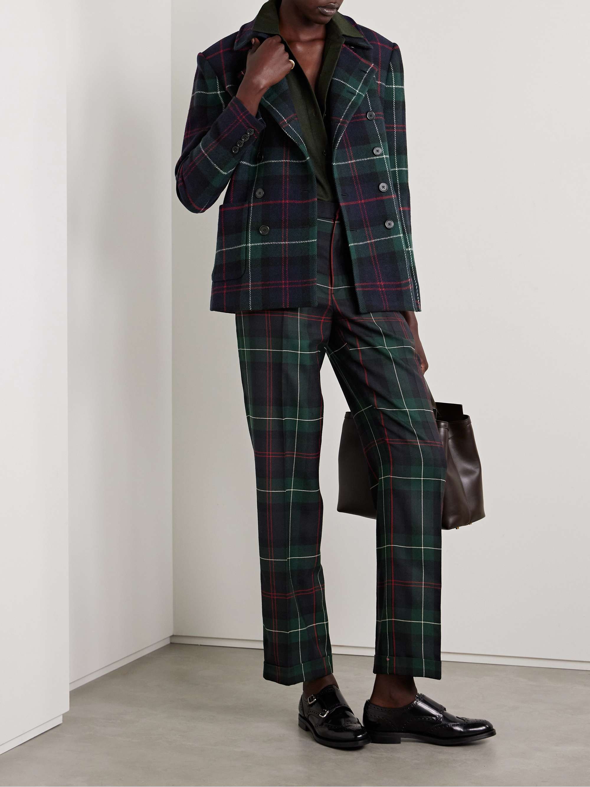 Checked double-breasted wool-blend flannel blazer view