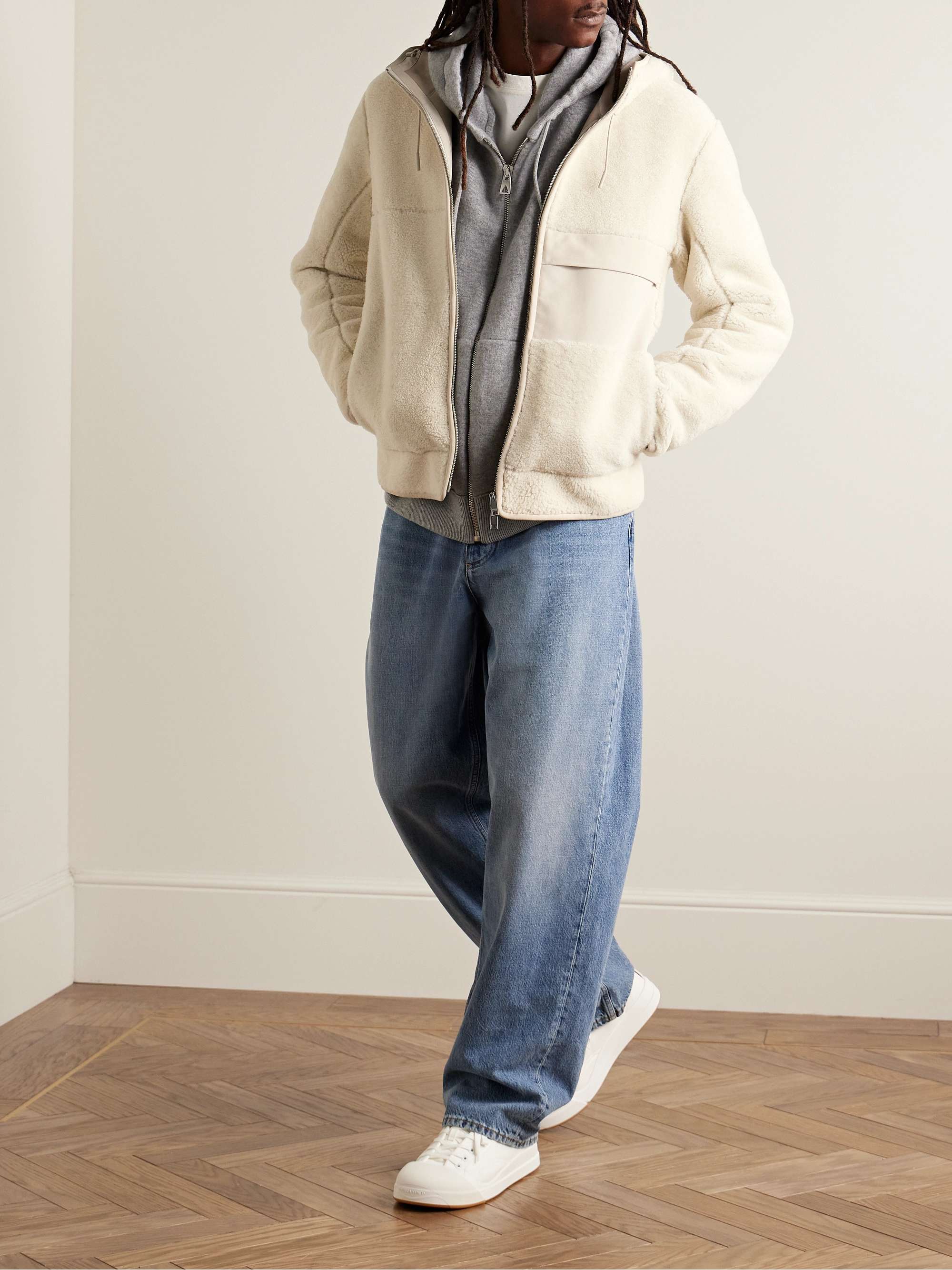 Leather-Trimmed Shearling Hooded Jacket view