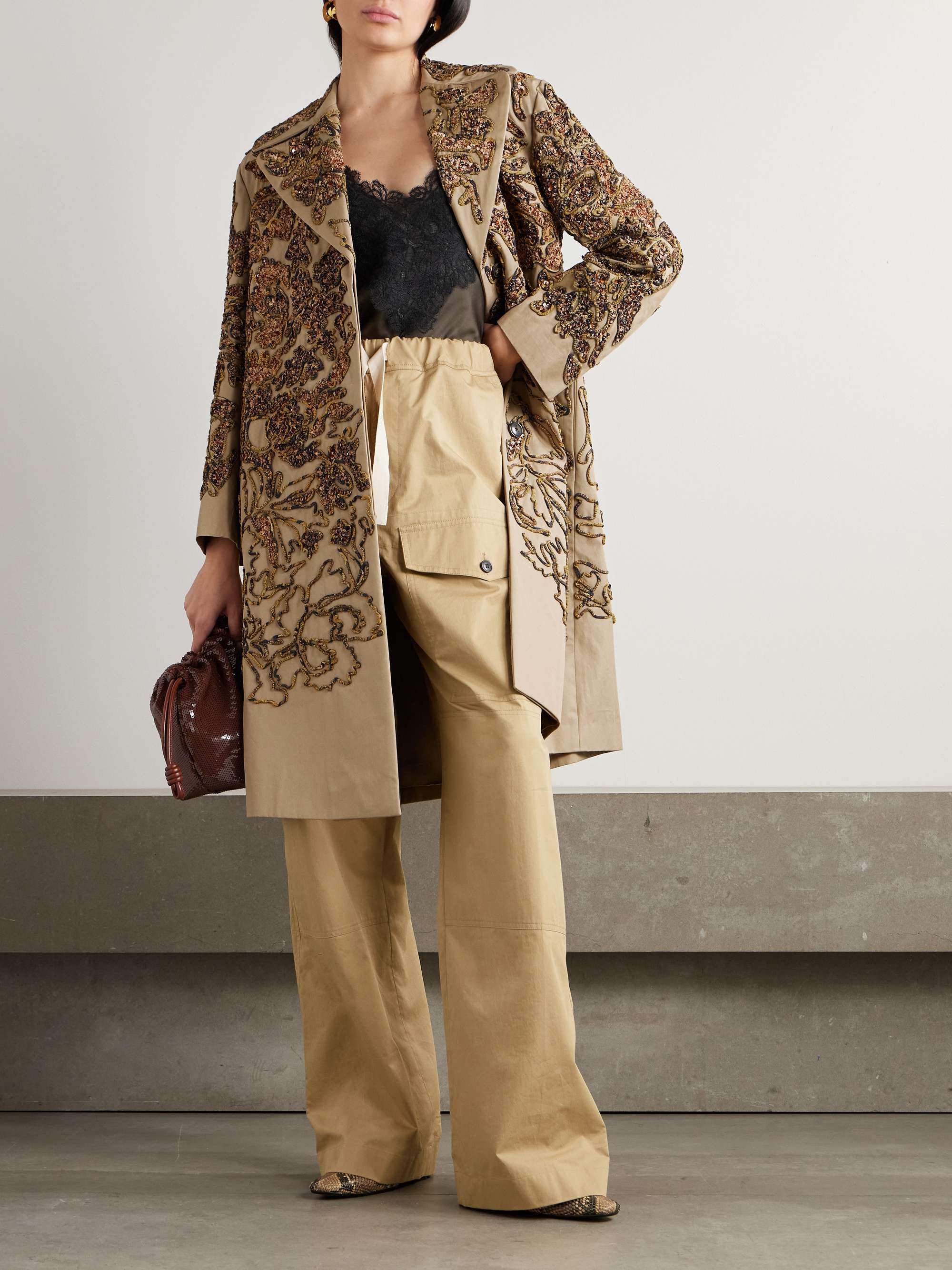 Sequin-embellished appliquéd cotton-twill coat view