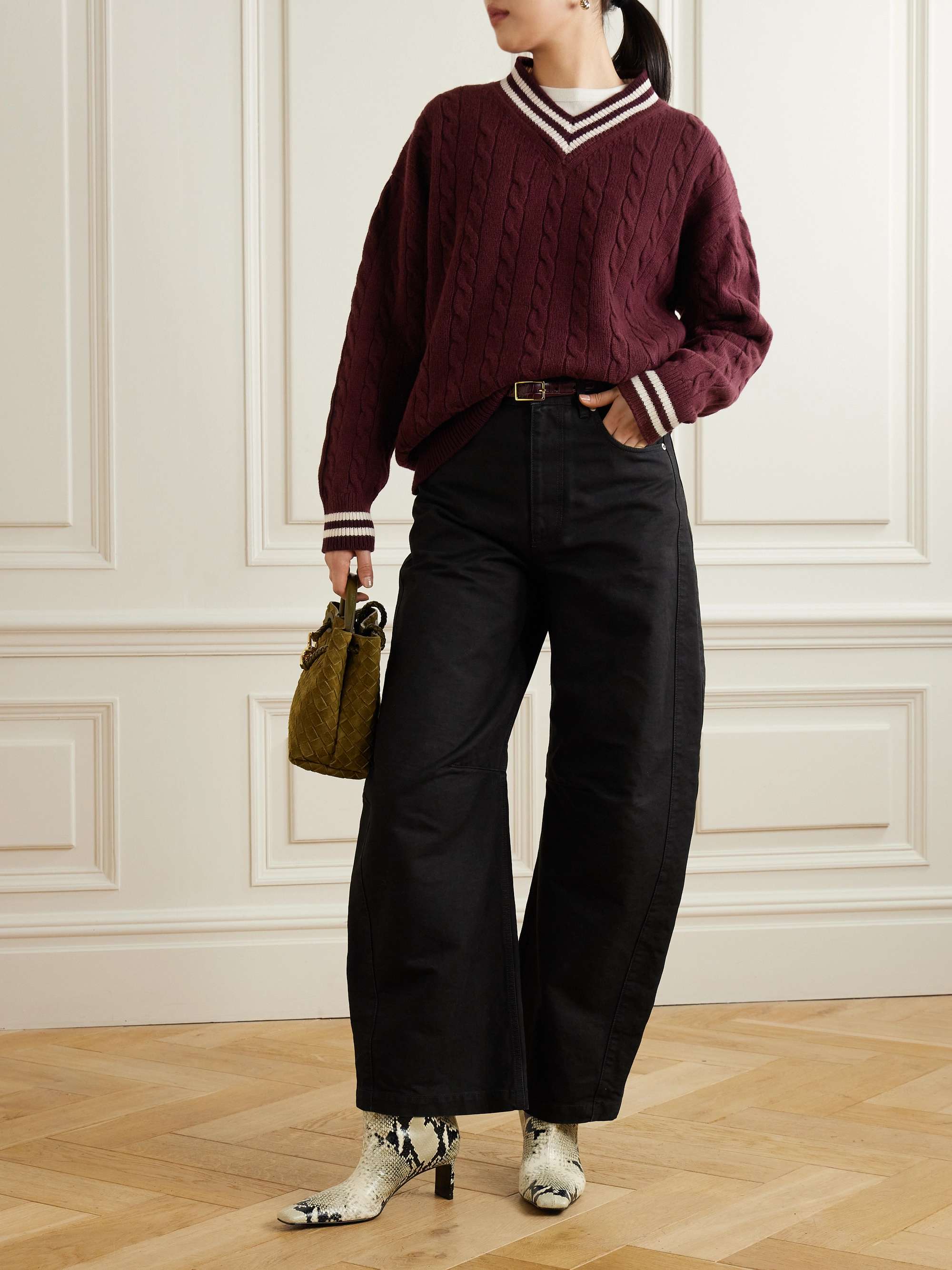 Striped cable-knit wool and cashmere-blend sweater view