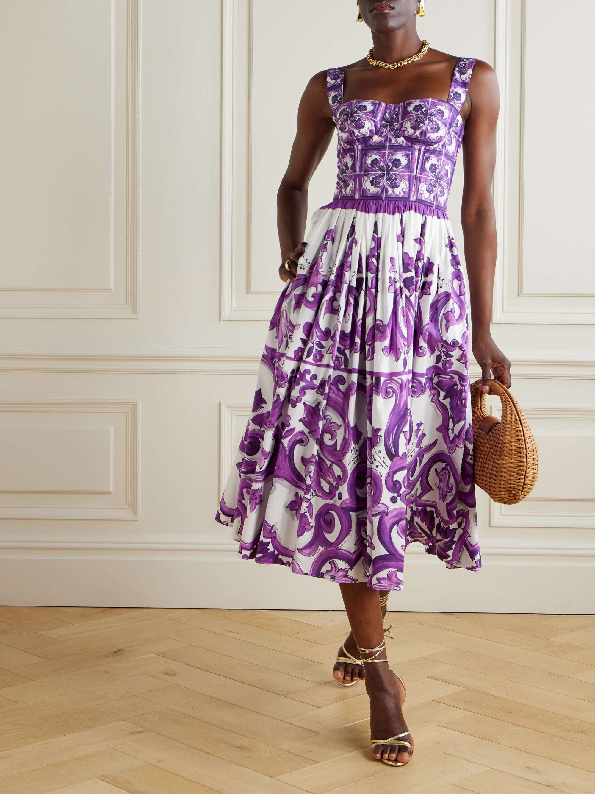 Pleated printed cotton-poplin midi dress view