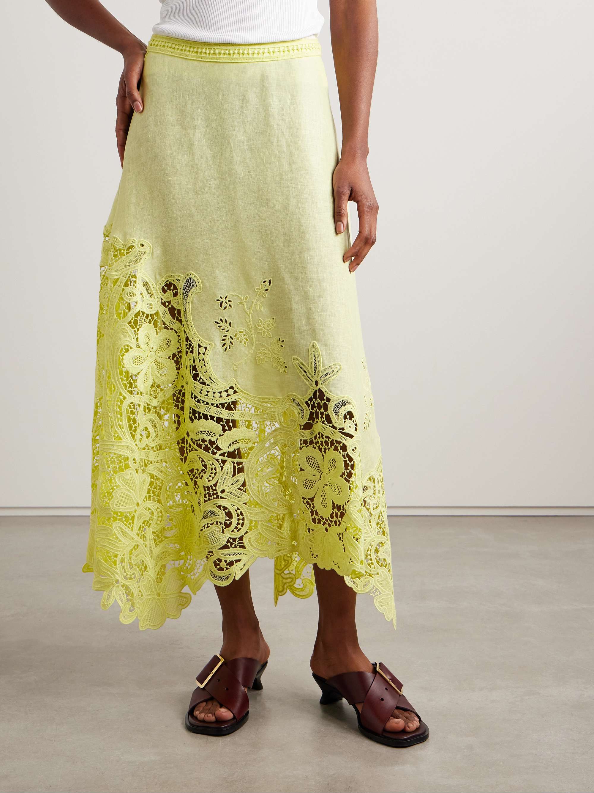 Rae guipure lace-paneled linen midi skirt view
