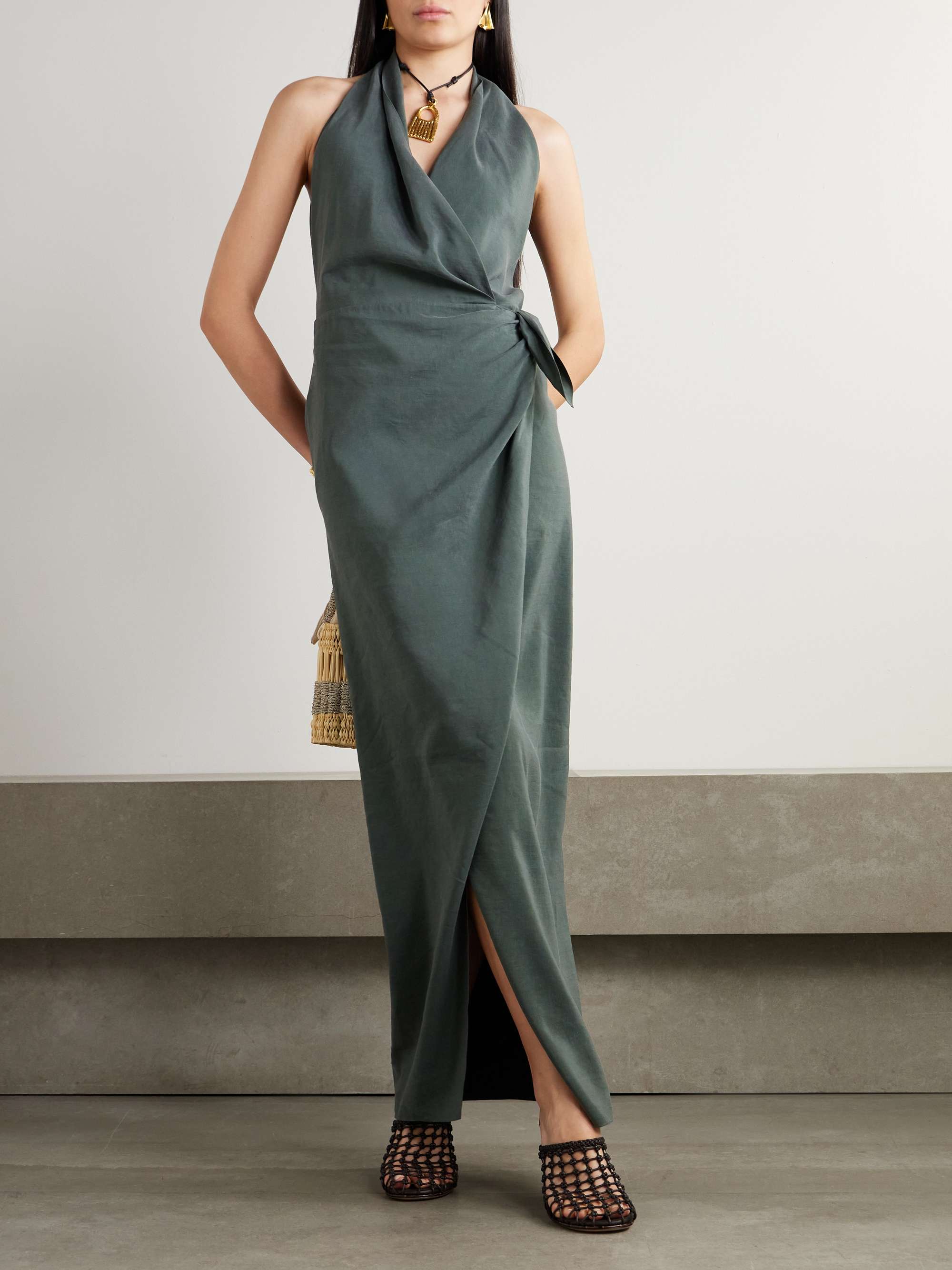 Mona linen and silk-blend halterneck maxi wrap dress view