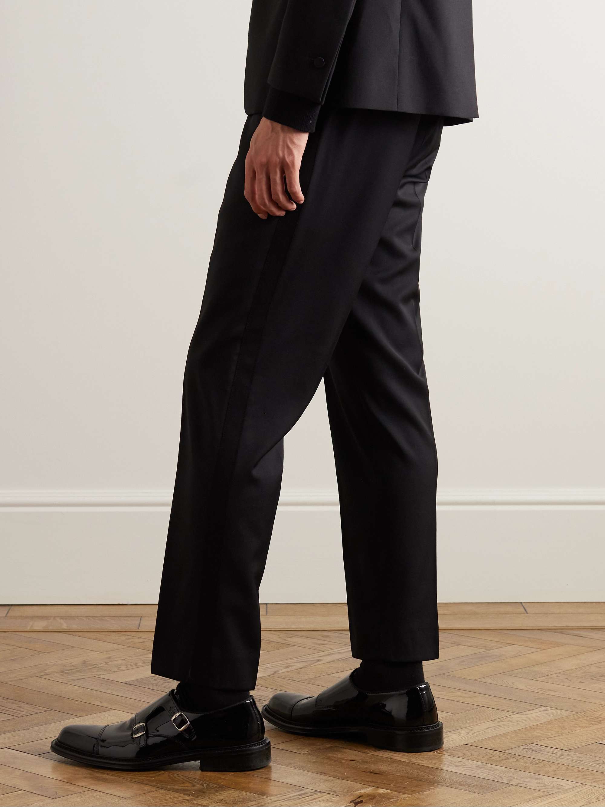 Tapered Grosgrain-Trimmed Wool Drawstring Tuxedo Trousers view